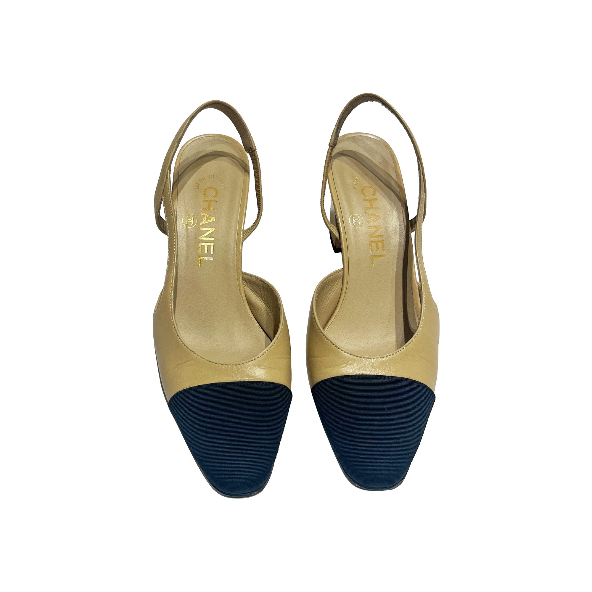 Chanel sling back leather on canvas mules