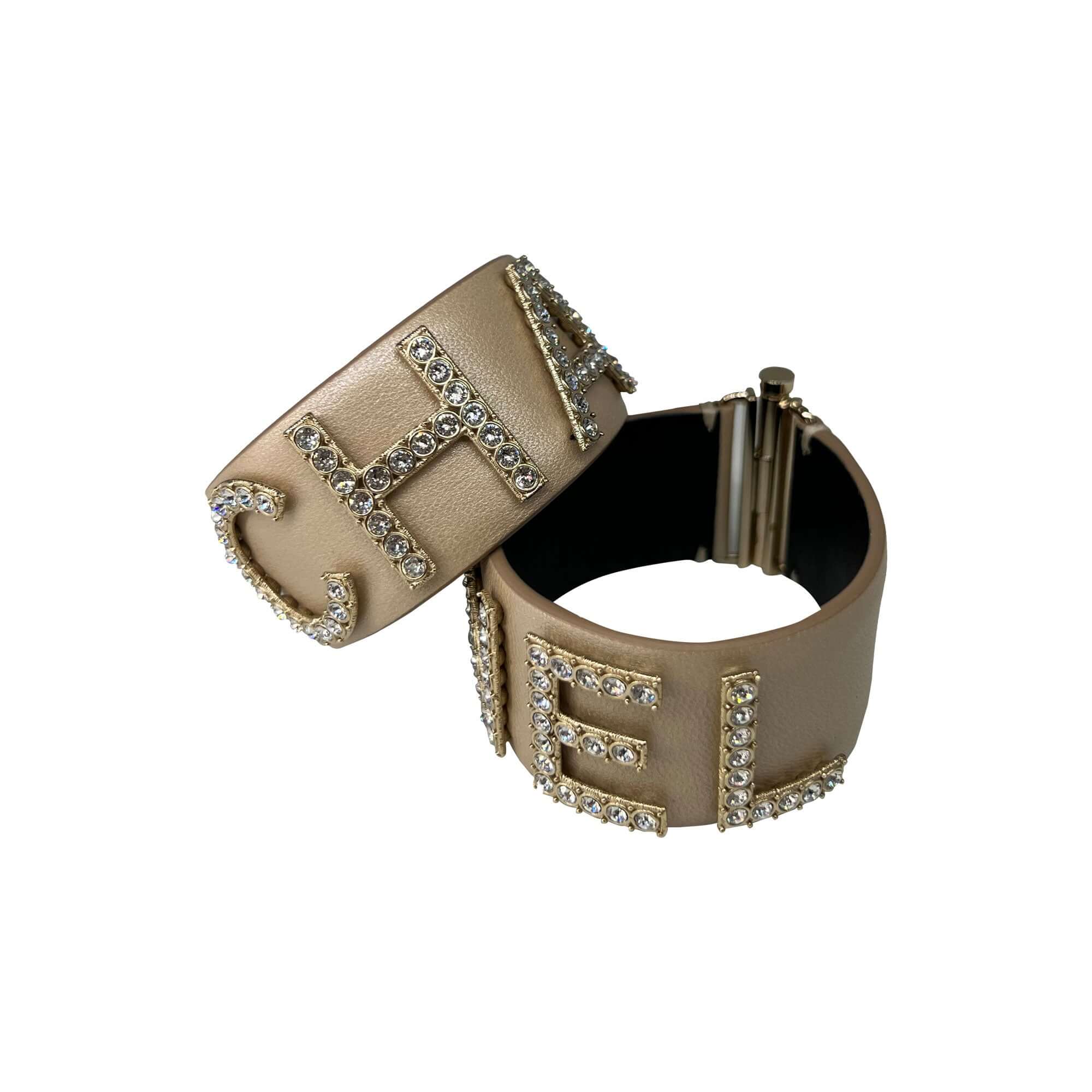 Chanel double leather/crystal braeclets