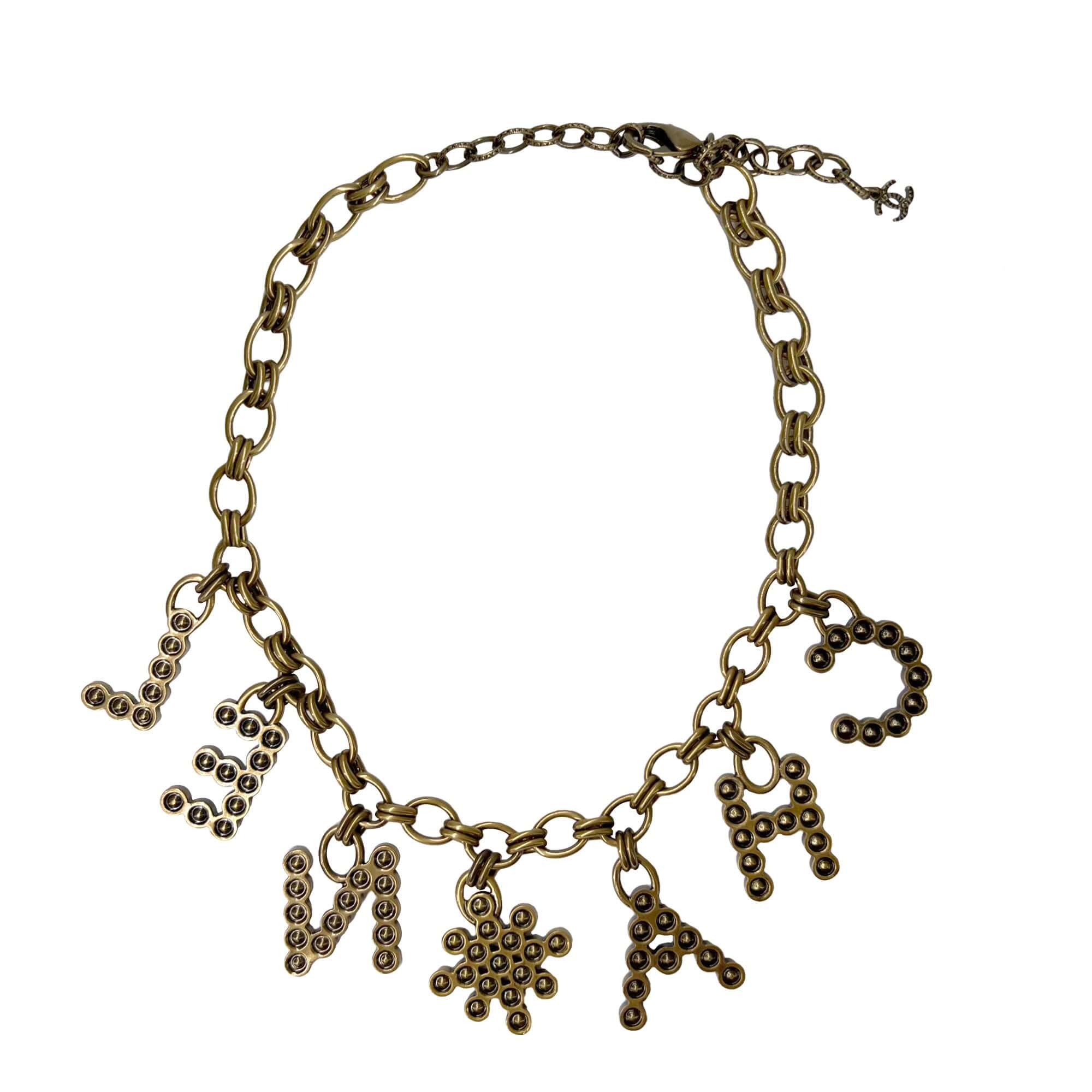 Chanel crystal name plate logo necklace
