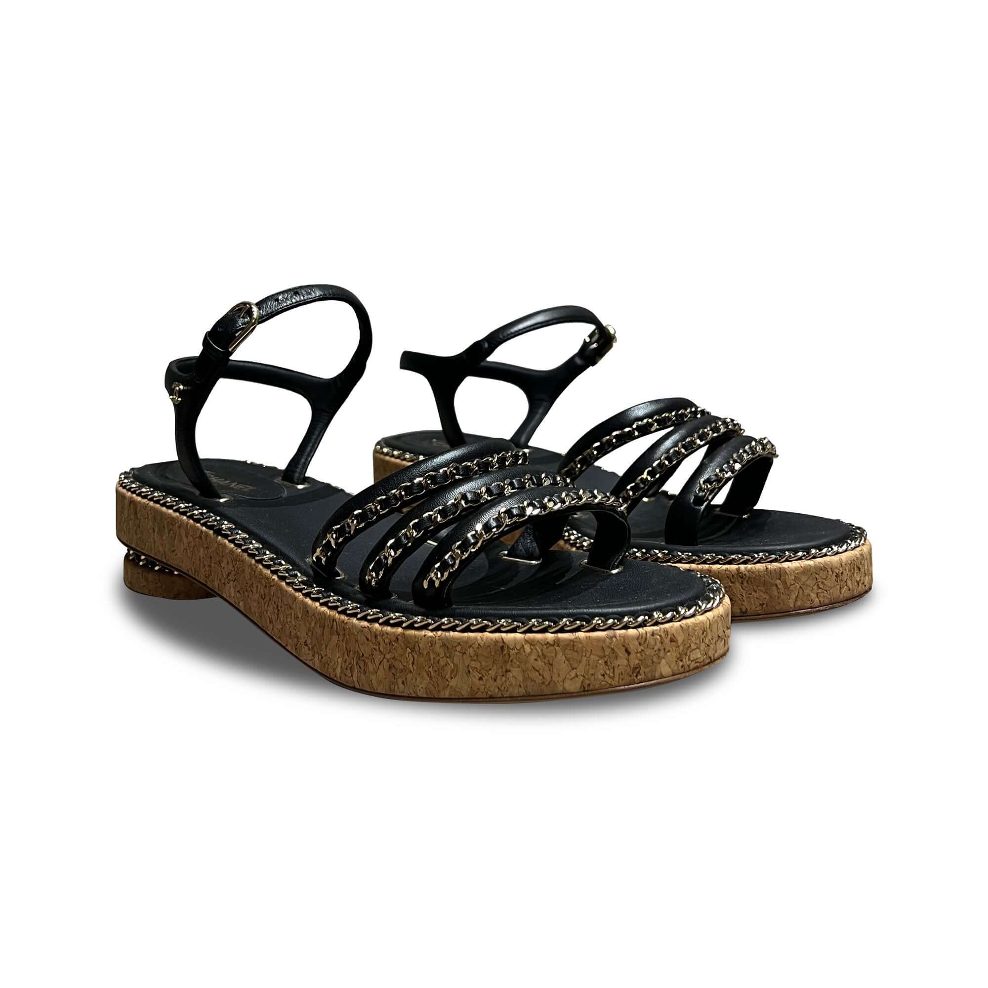 Chanel black chain leather sandals