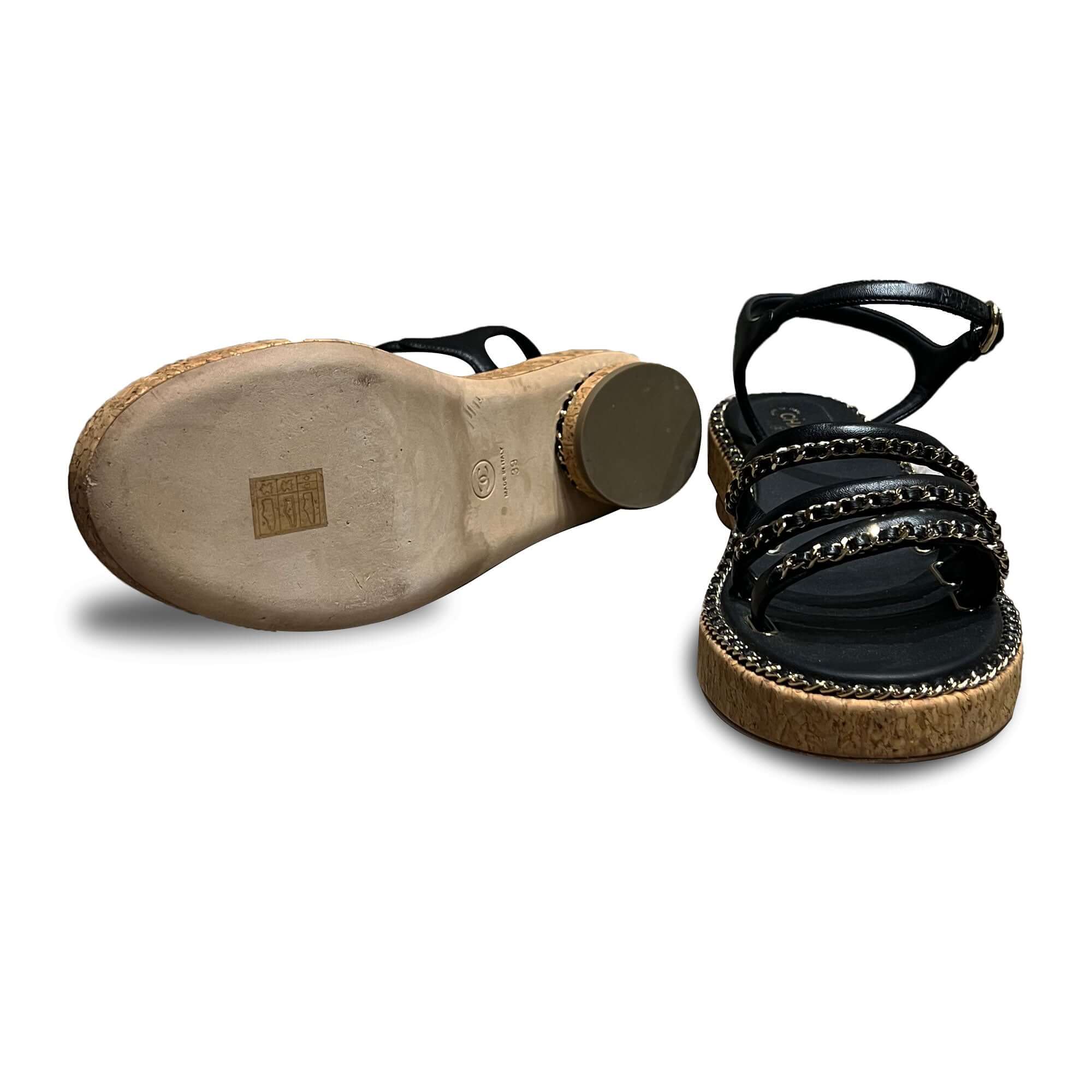 Chanel black chain leather sandals