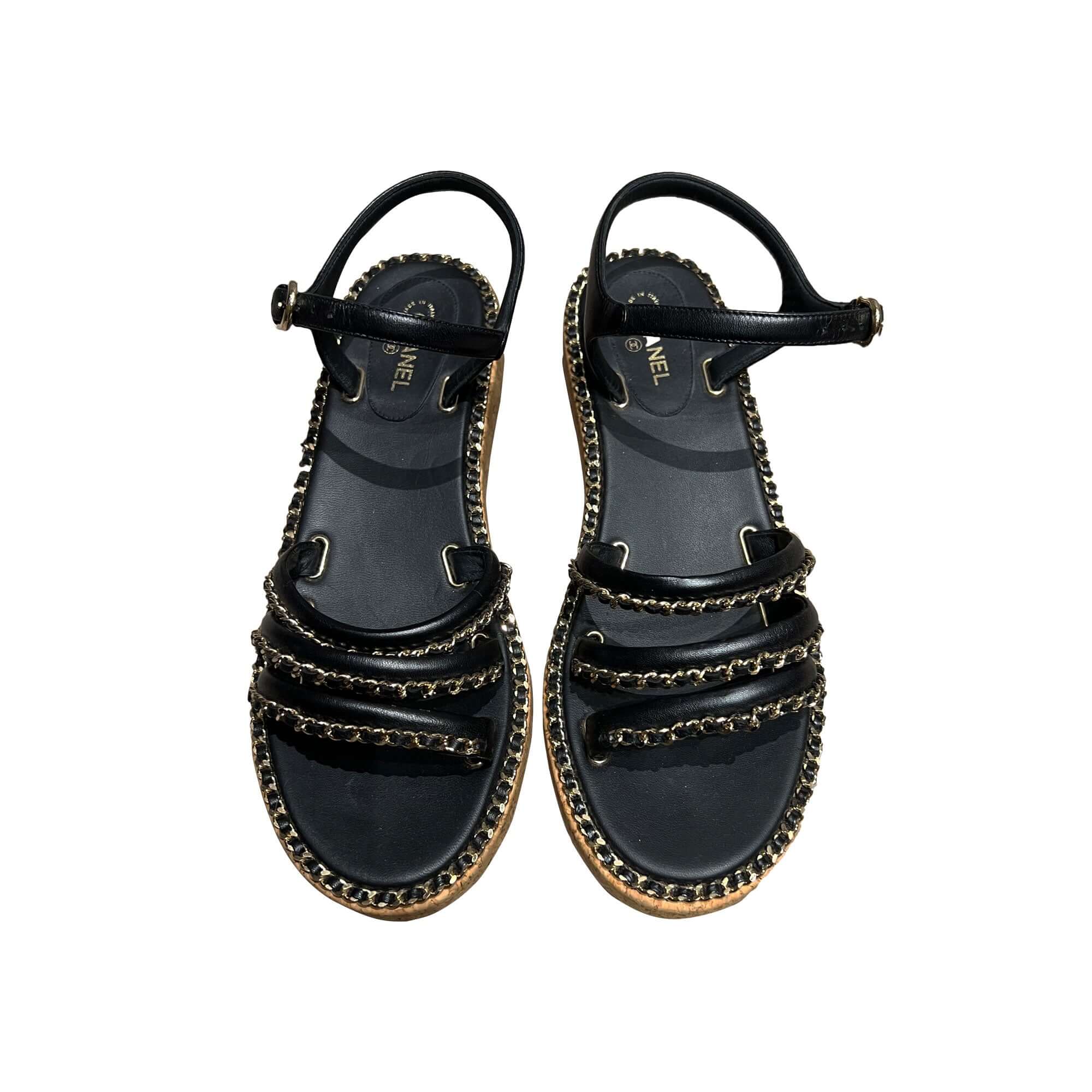 Chanel black chain leather sandals