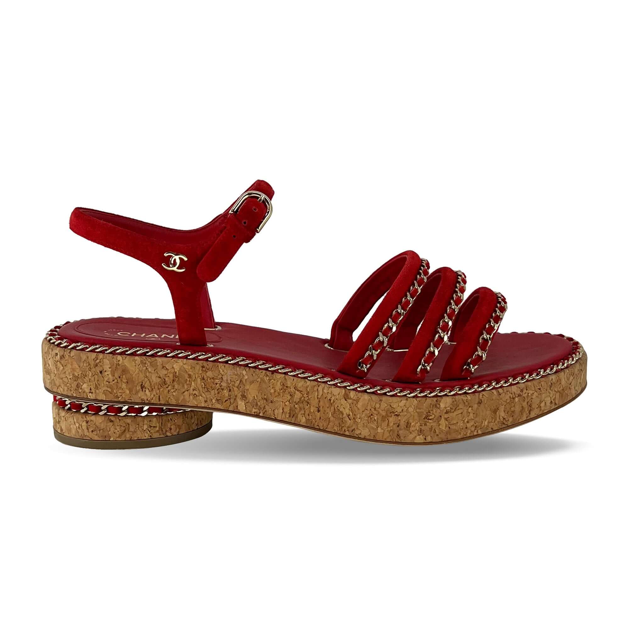Chanel red gold stitch cork sandals