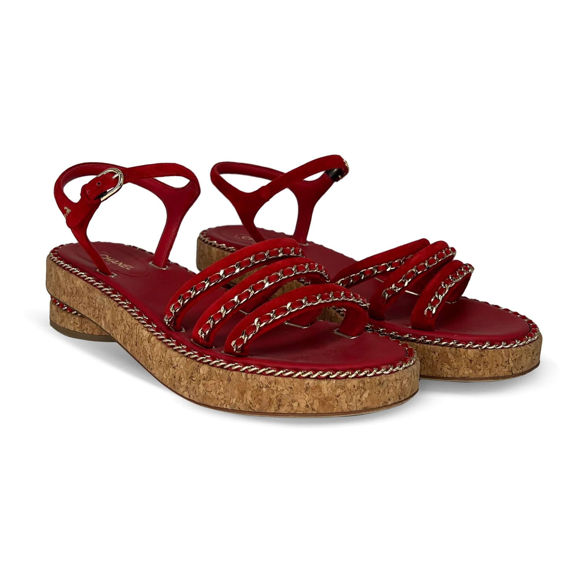 Chanel red gold stitch cork sandals