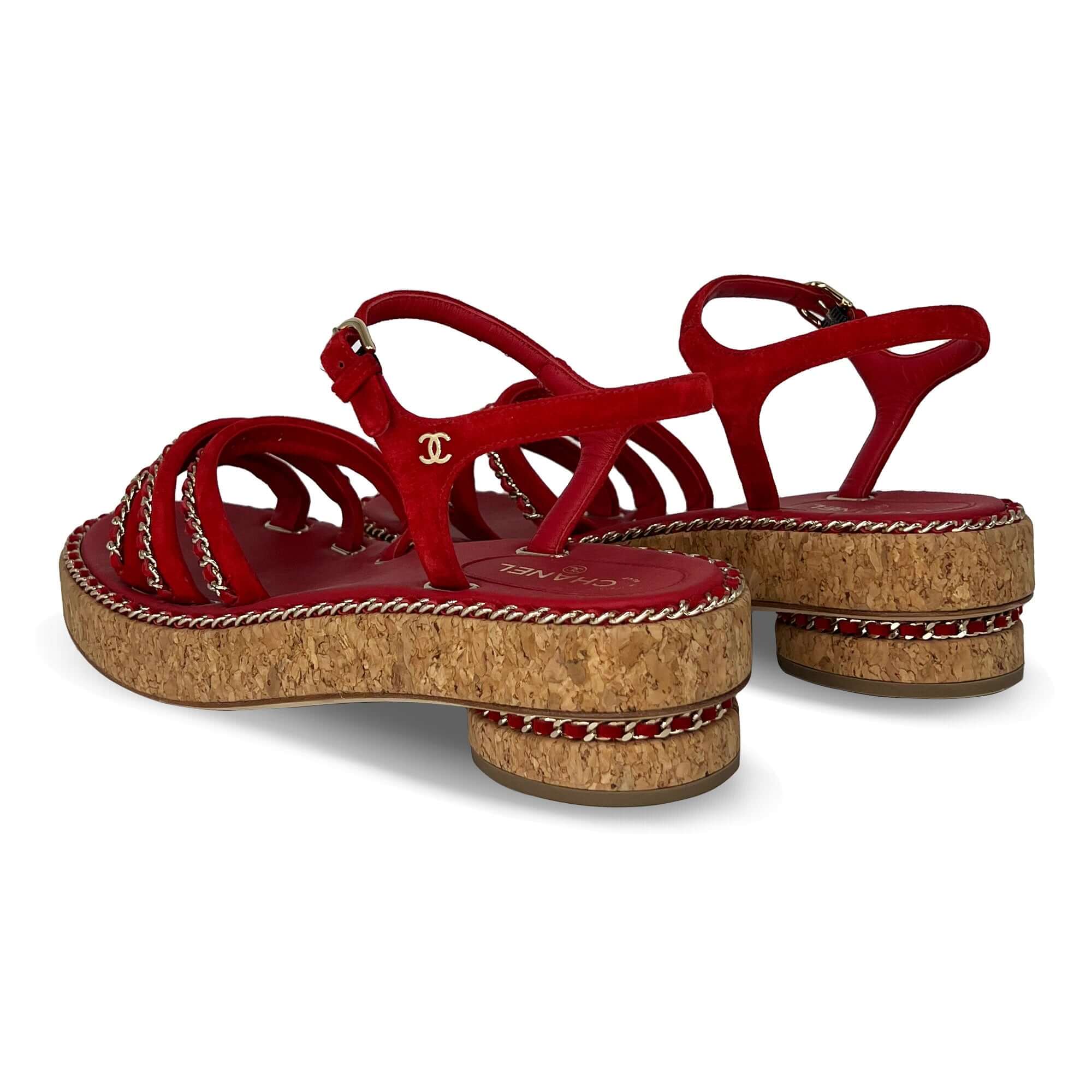 Chanel red gold stitch cork sandals