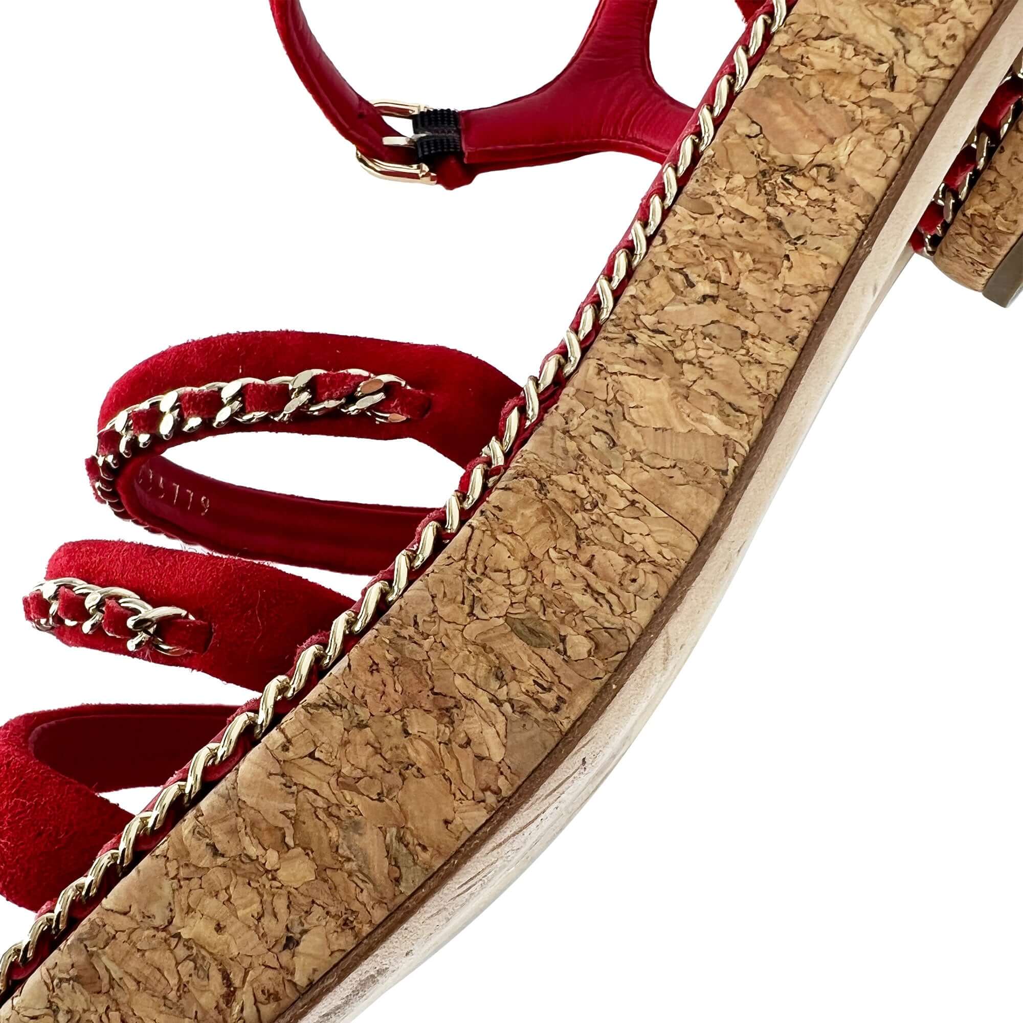 Chanel red gold stitch cork sandals