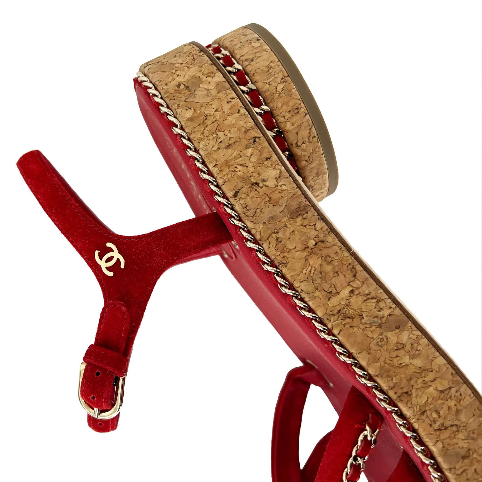 Chanel red gold stitch cork sandals