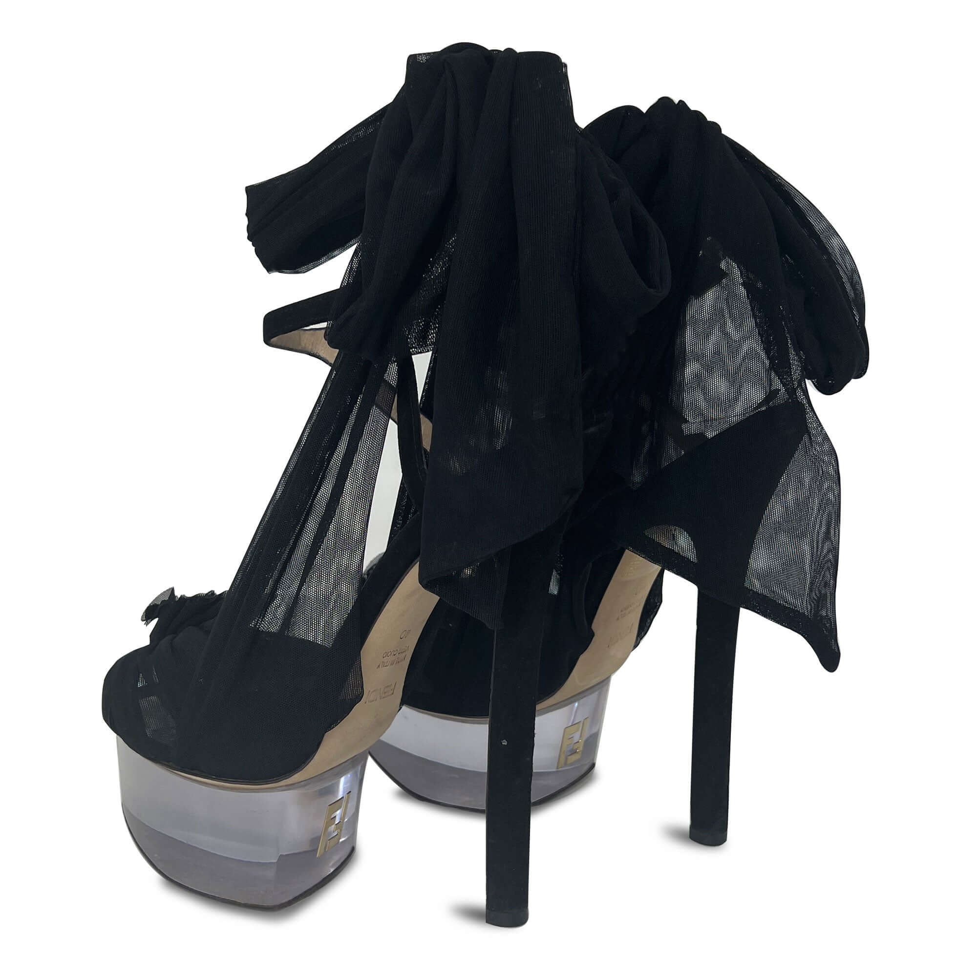 Fendi black lace-up glass sole sandal heels