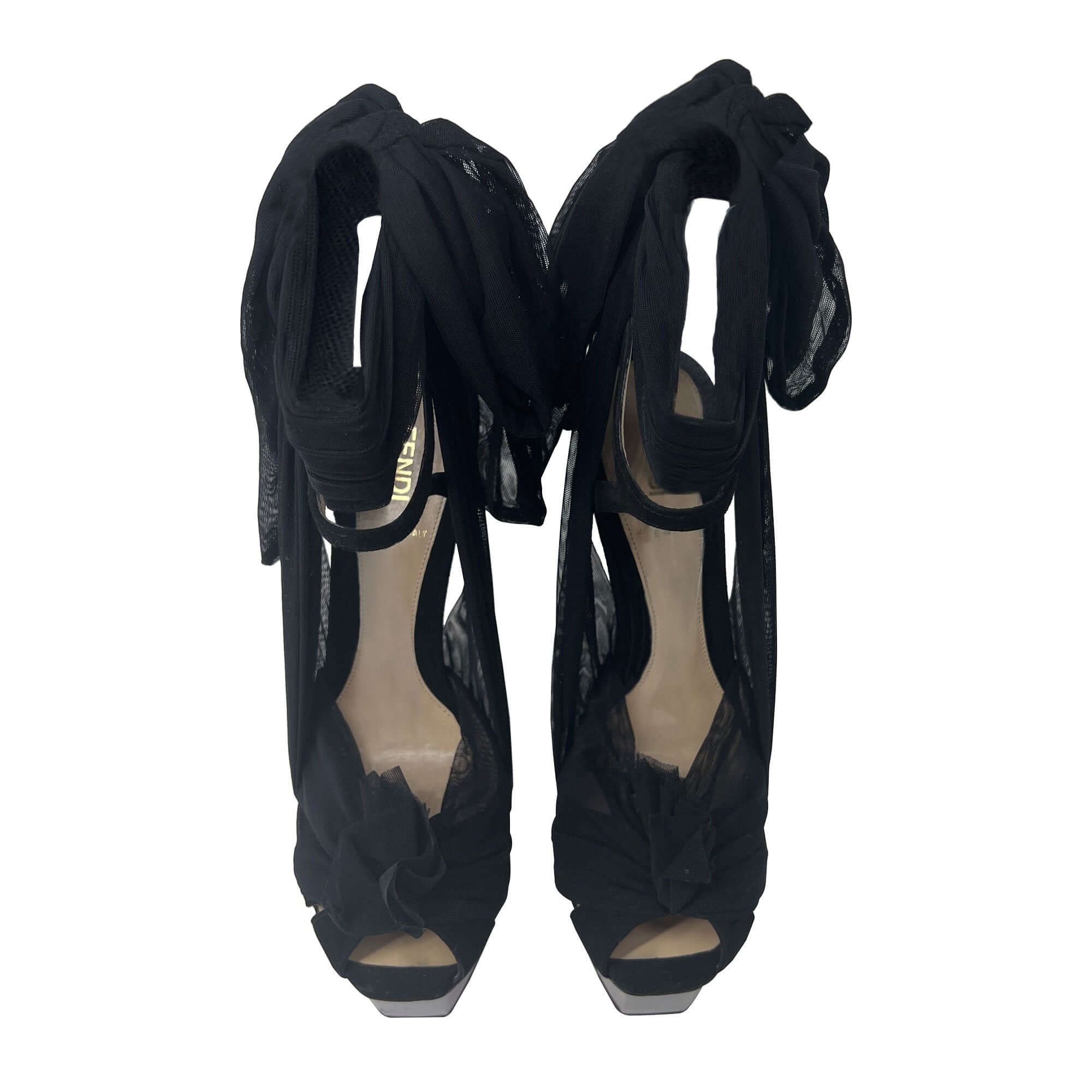 Fendi black lace-up glass sole sandal heels