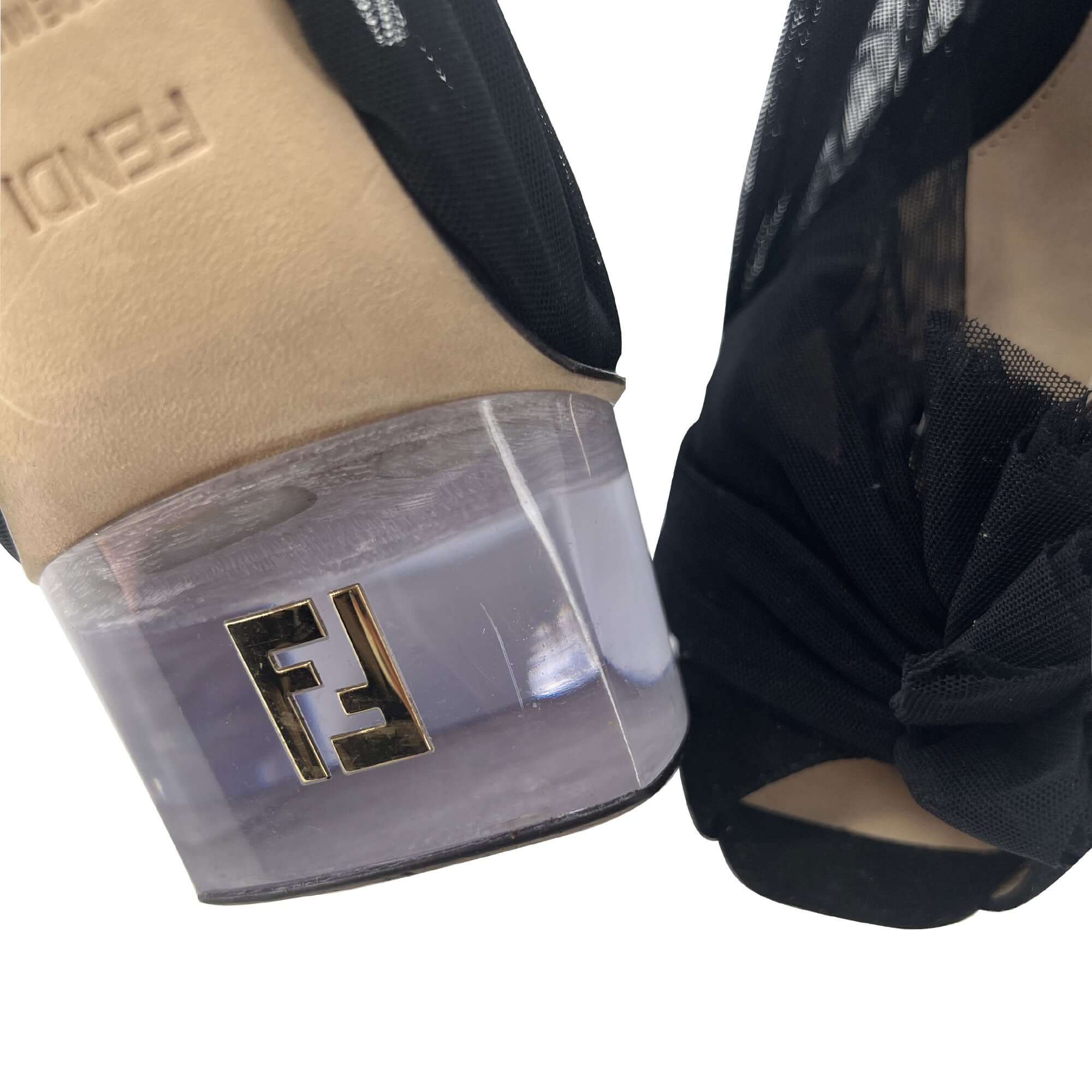 Fendi black lace-up glass sole sandal heels