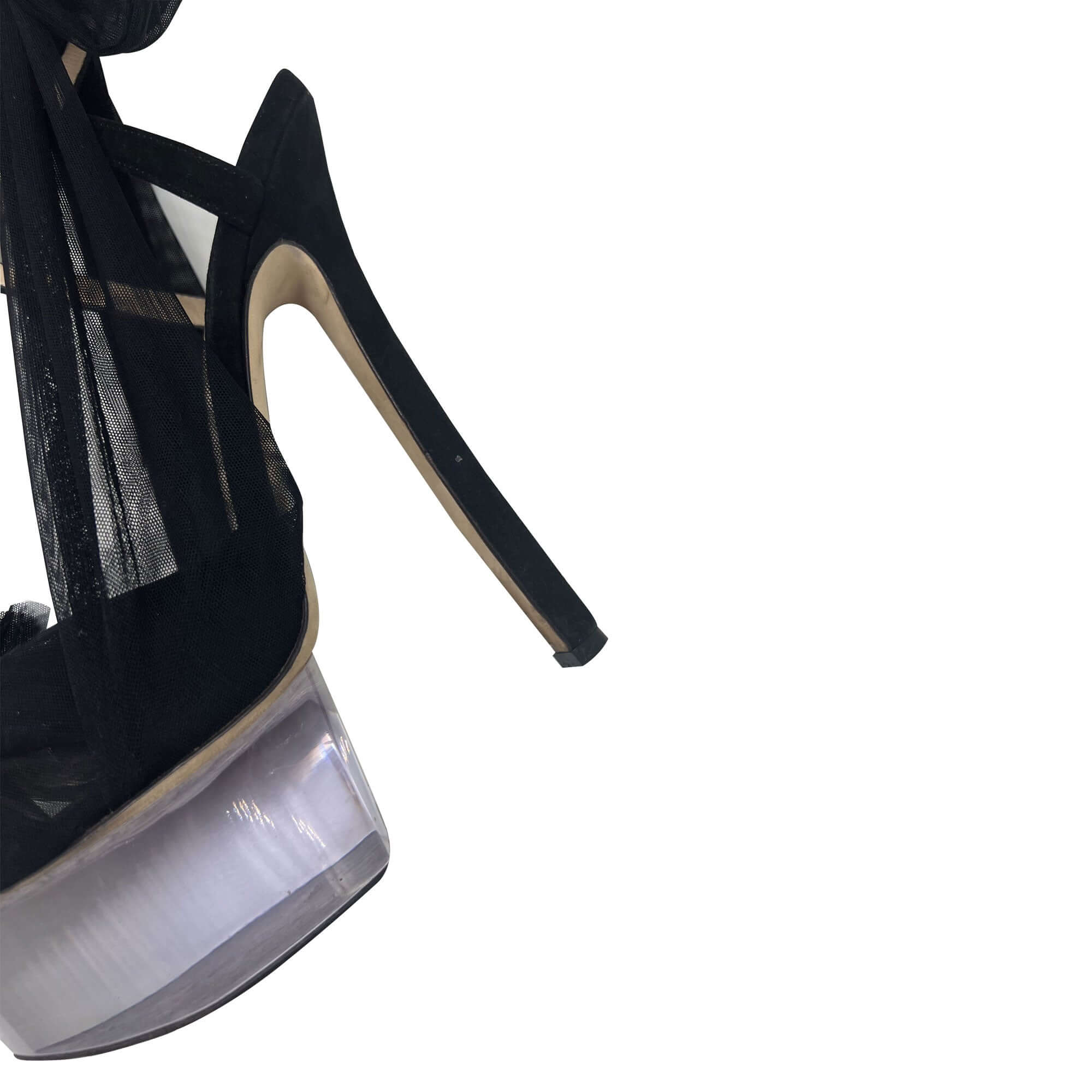 Fendi black lace-up glass sole sandal heels