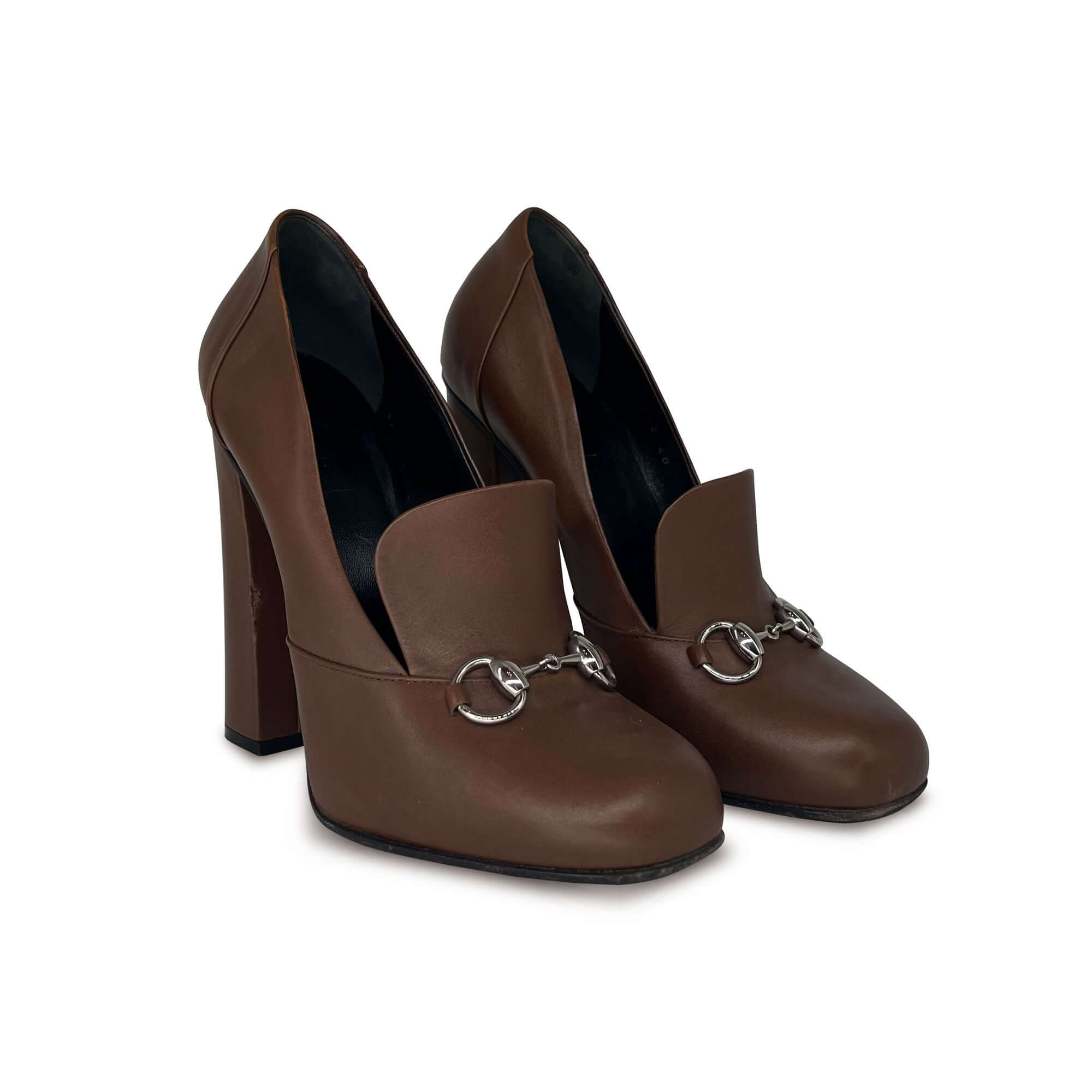 Gucci Brixton horsebit brown leather heels