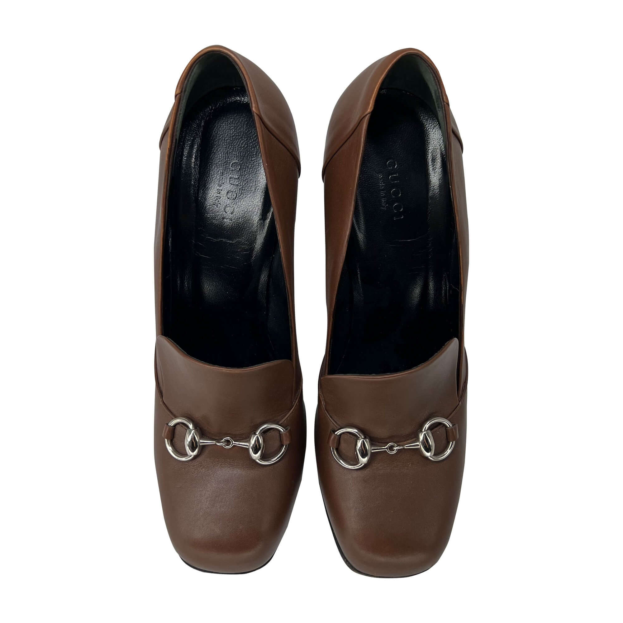 Gucci Brixton horsebit brown leather heels