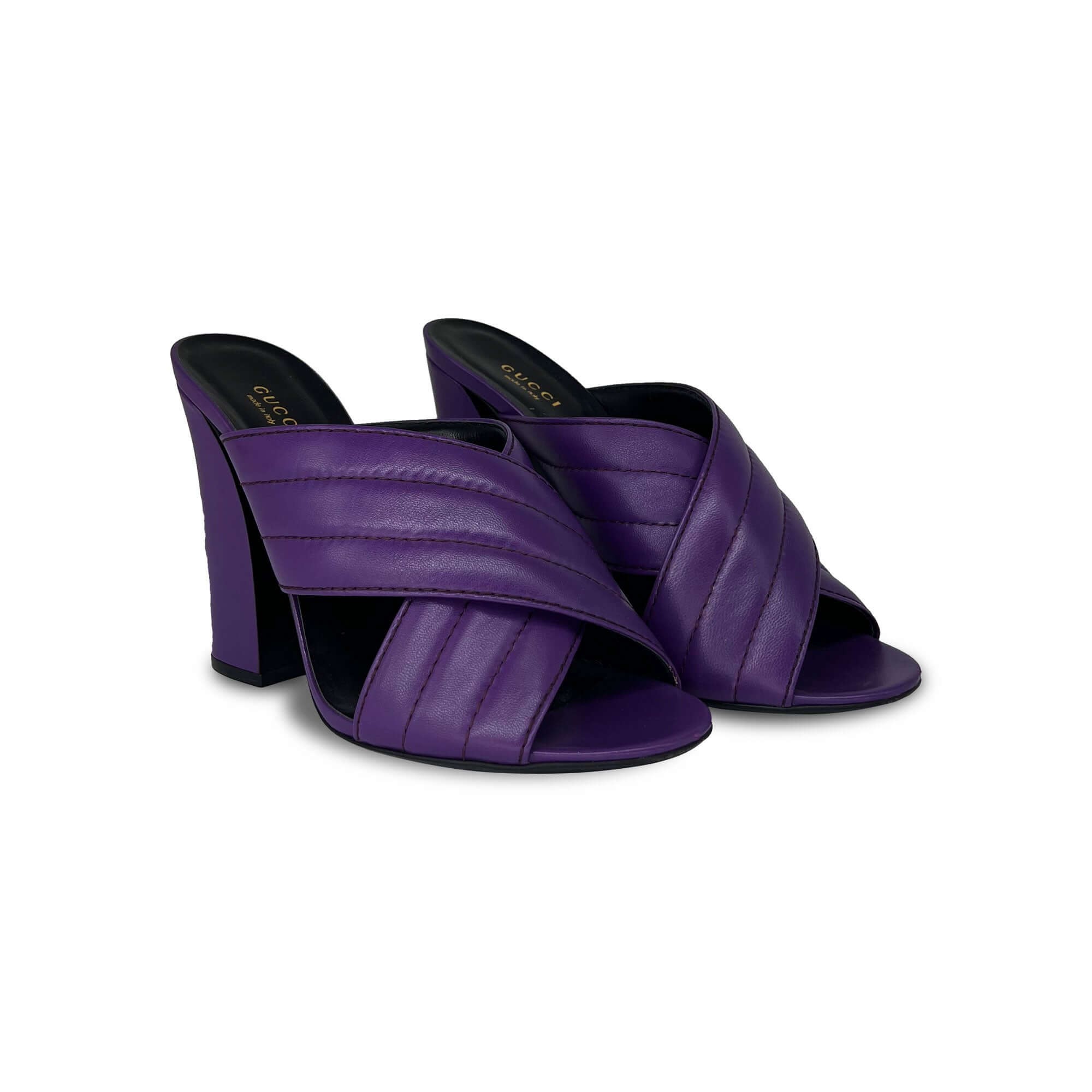 Gucci purple leather block crisscorss mule sandals