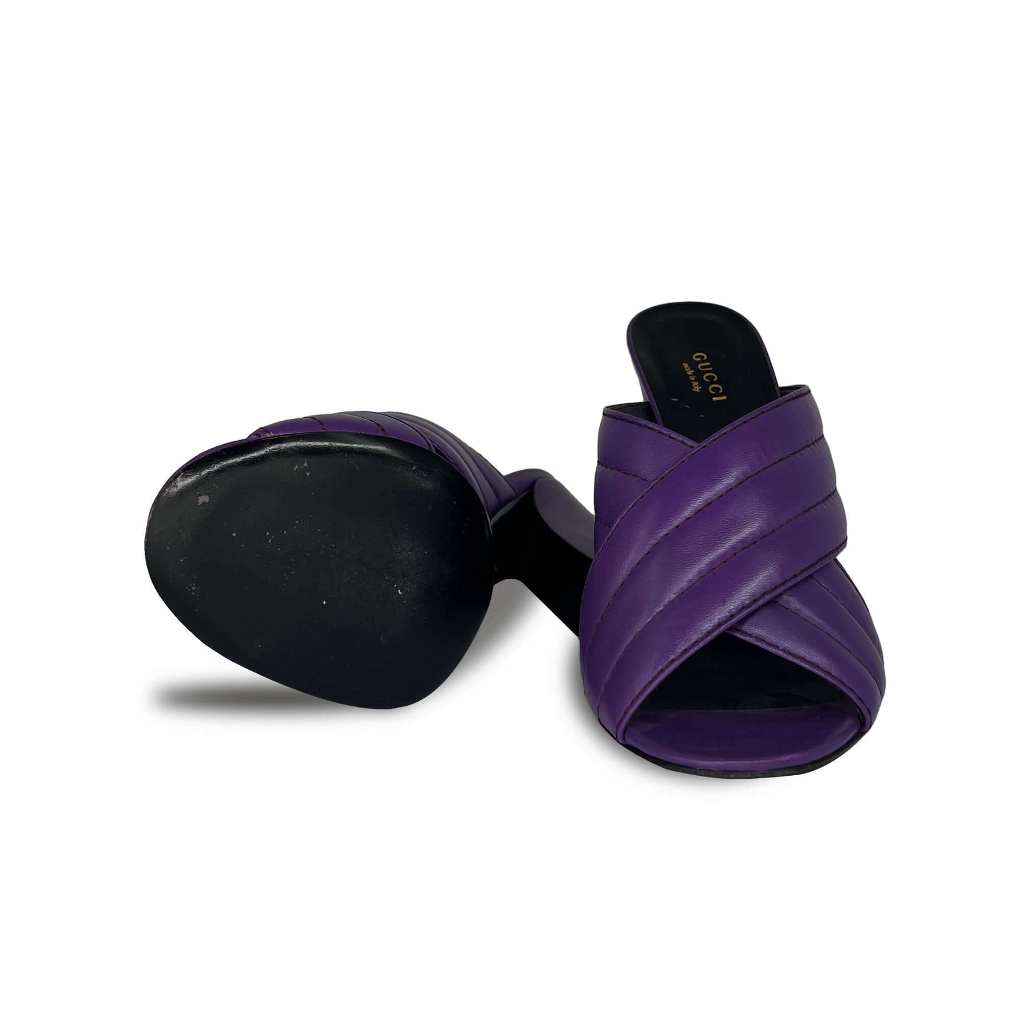 Gucci purple leather block crisscorss mule sandals