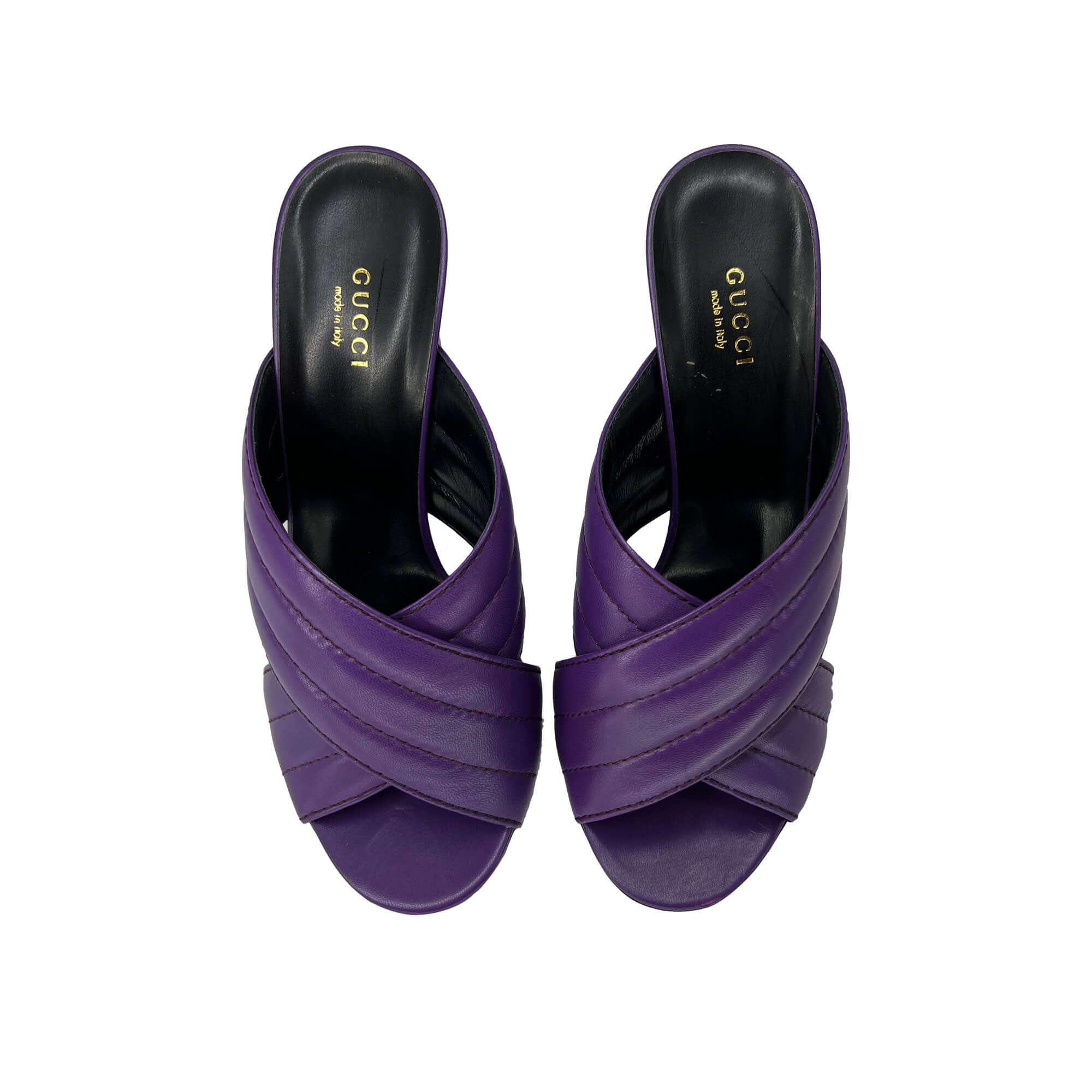 Gucci purple leather block crisscorss mule sandals