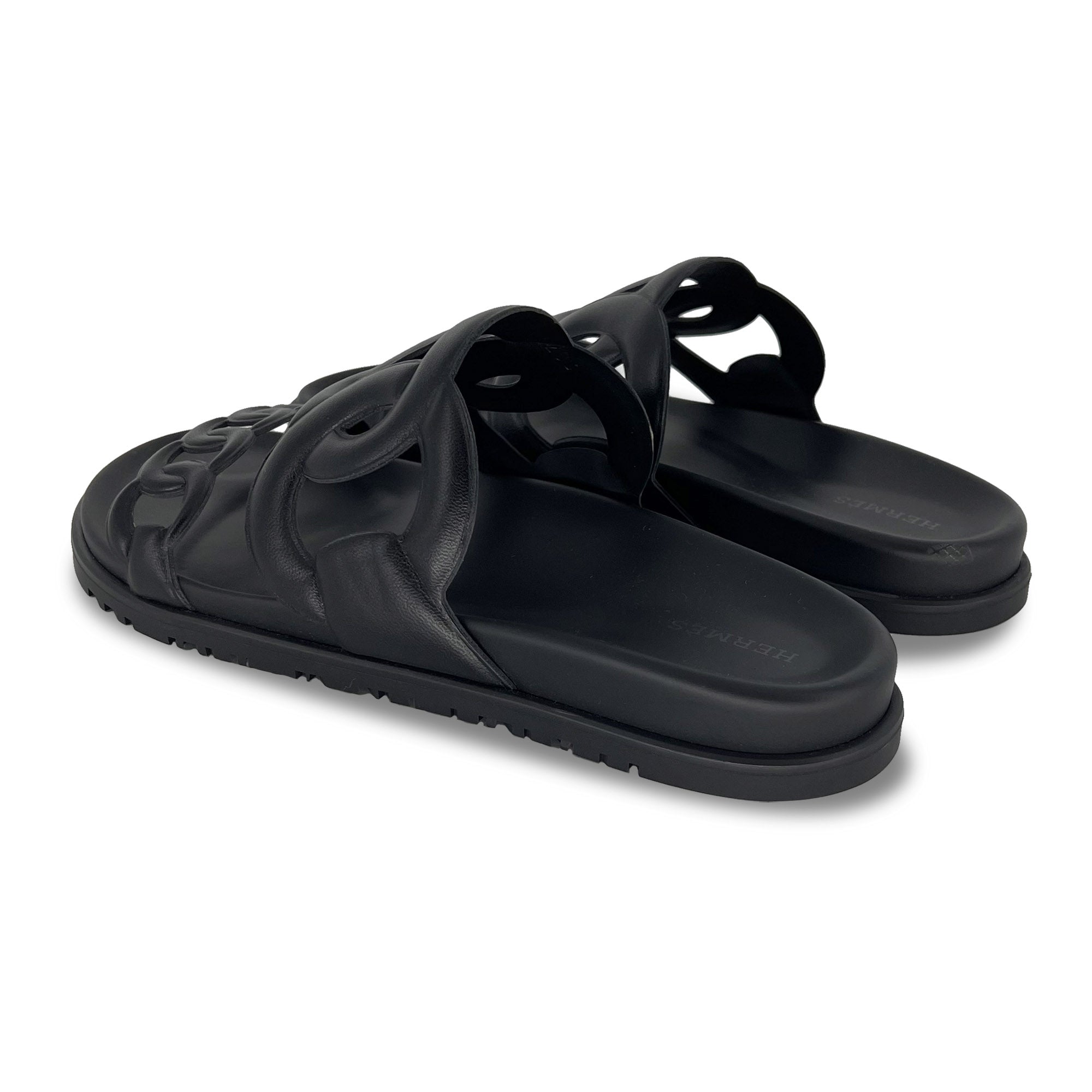 Hermes Extra Black Designer Leather Sandals back angle