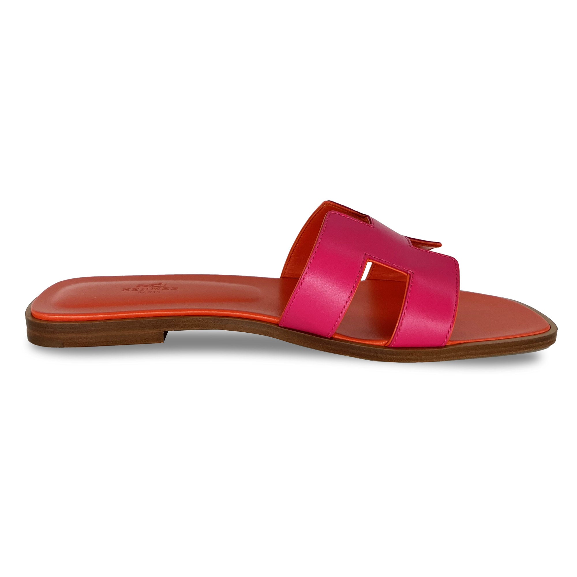 Hermes Oran Designer Slippers in Rose/Orange side