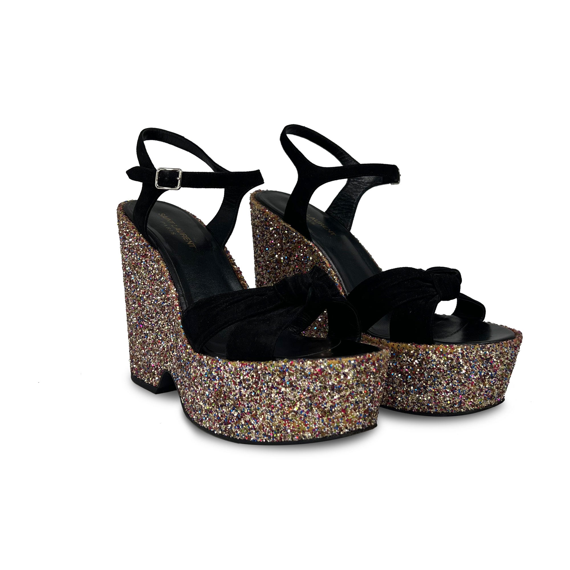 Yves Saint Laurent black suede leather platform wedge sandals