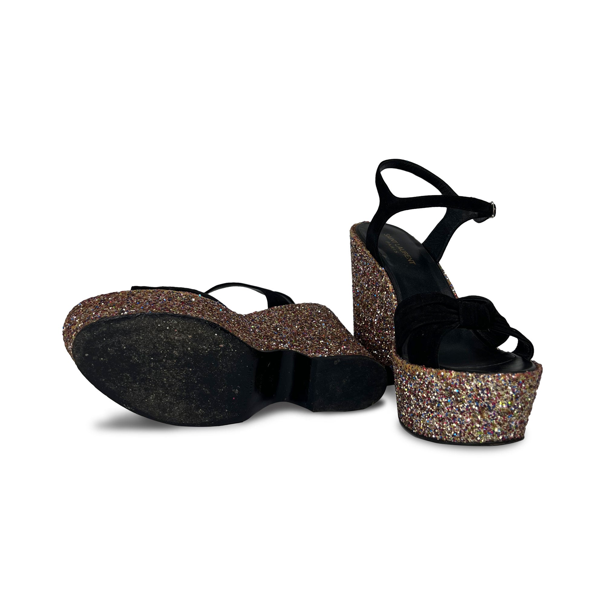Yves Saint Laurent black suede leather platform wedge sandals