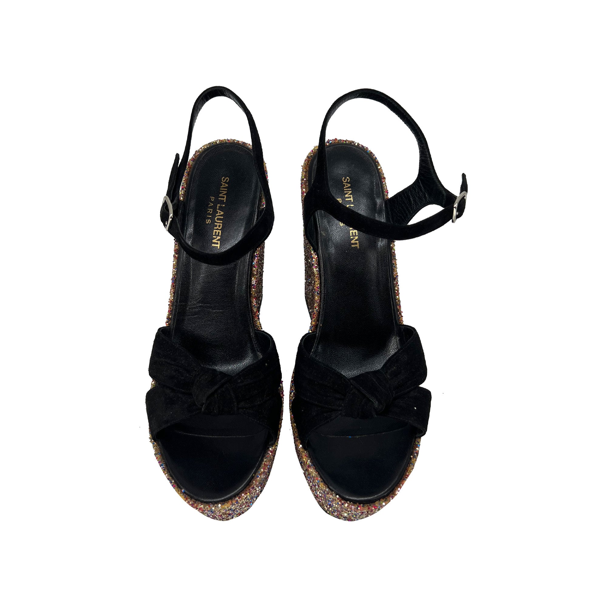 Yves Saint Laurent black suede leather platform wedge sandals