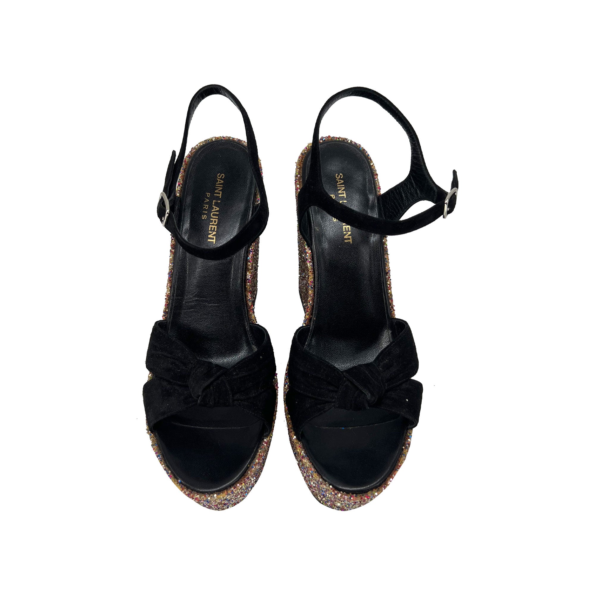 Yves Saint Laurent black suede leather platform wedge sandals