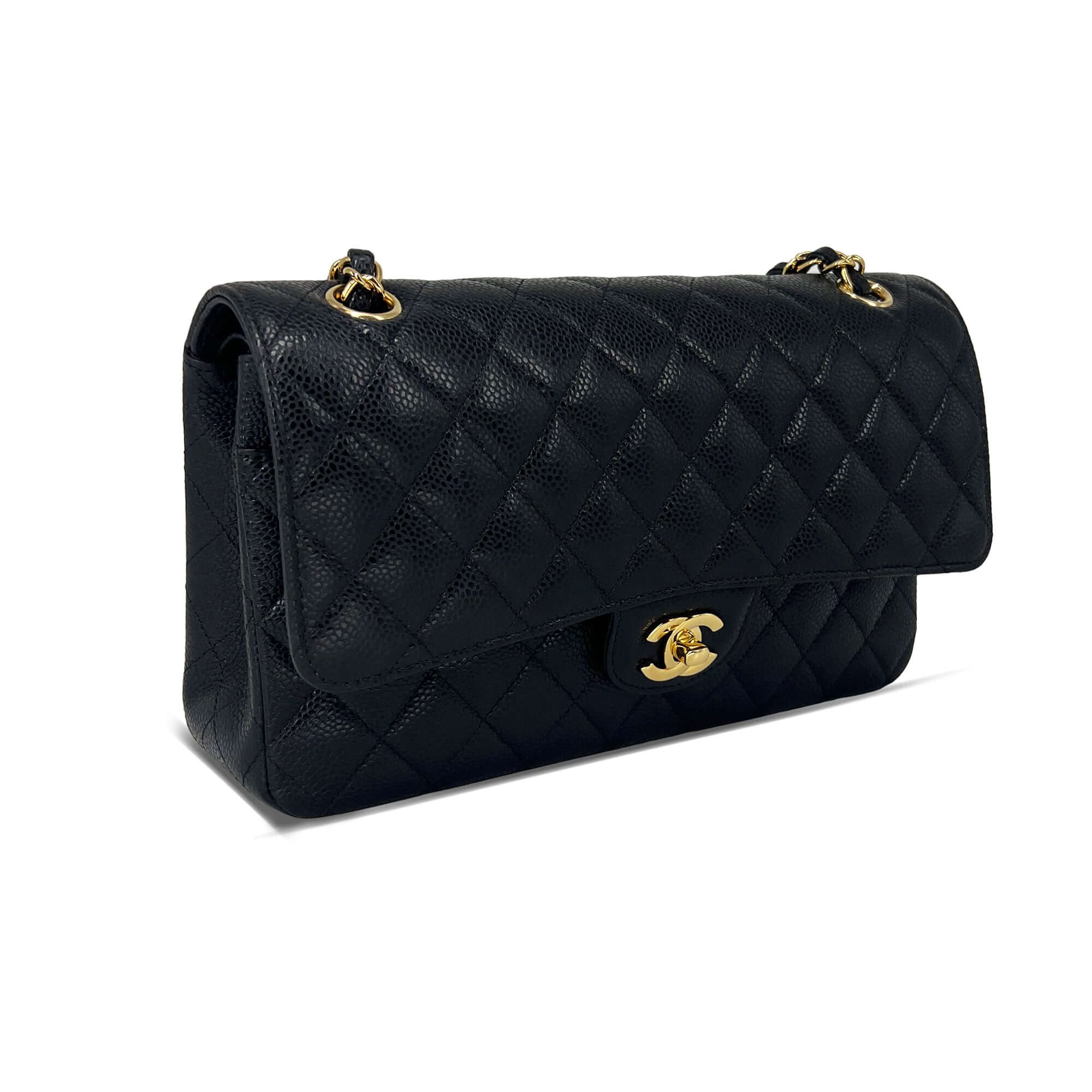 Chanel medium black caviar leather double flap closure bag