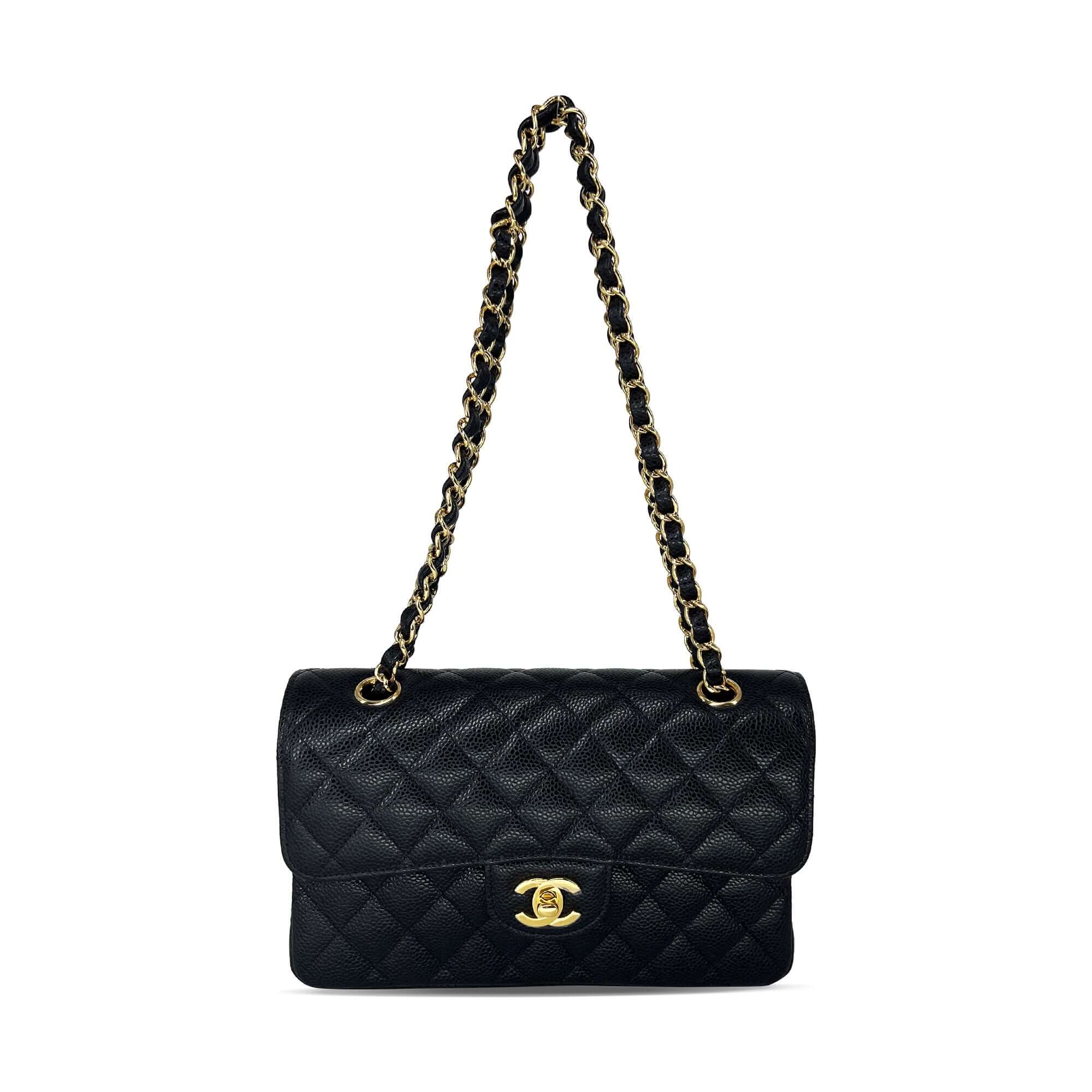 Chanel small black caviar leather double flap closure bag