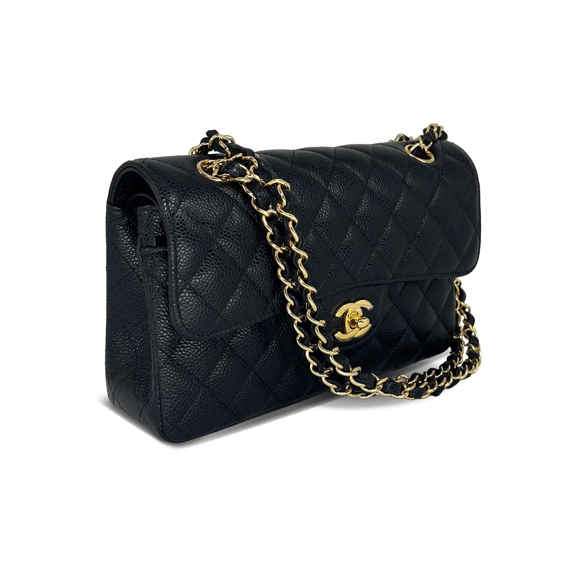 Chanel small black caviar leather double flap closure bag