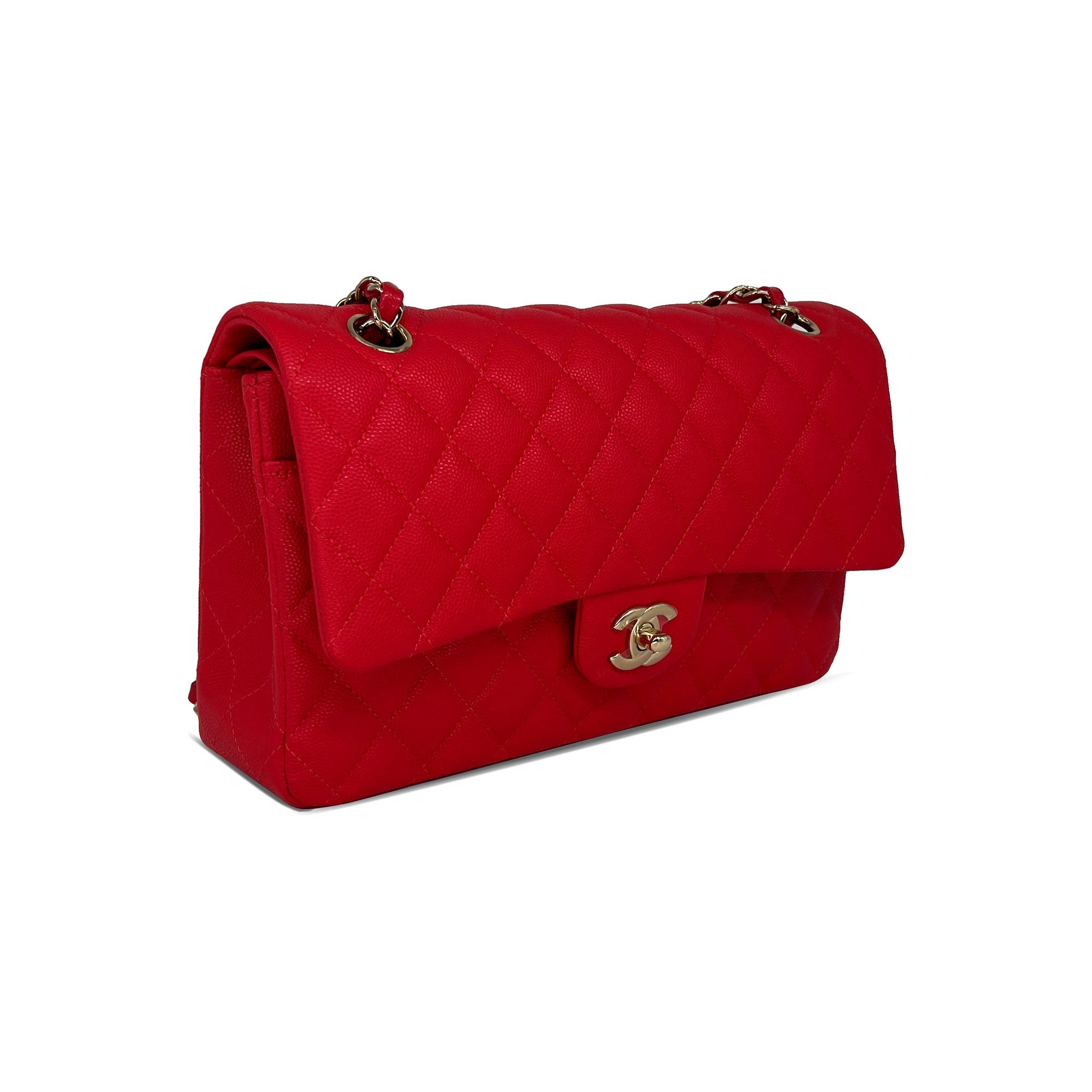 Chanel red/watermelon caviar leather double flap closure bag