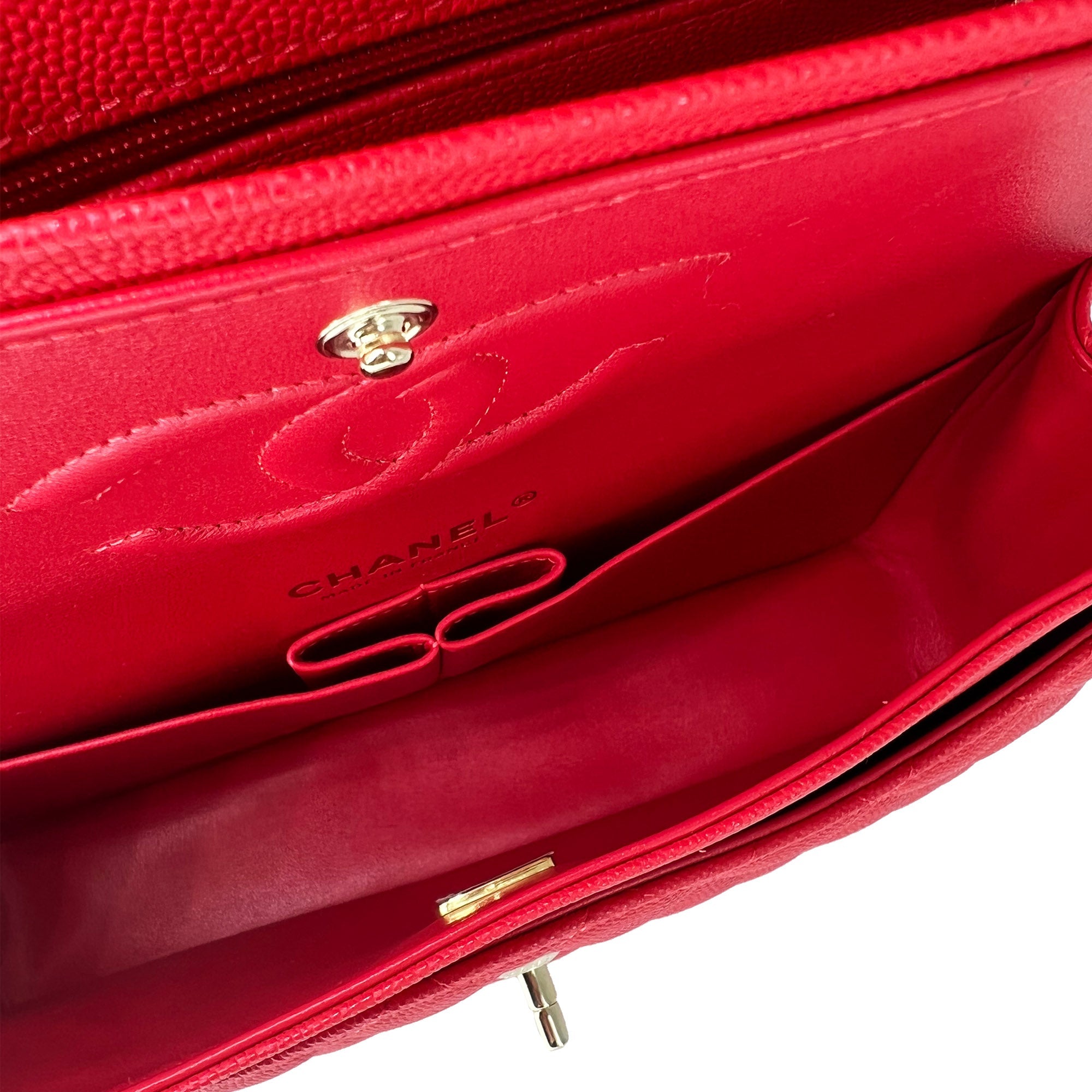Chanel red/watermelon caviar leather double flap closure bag
