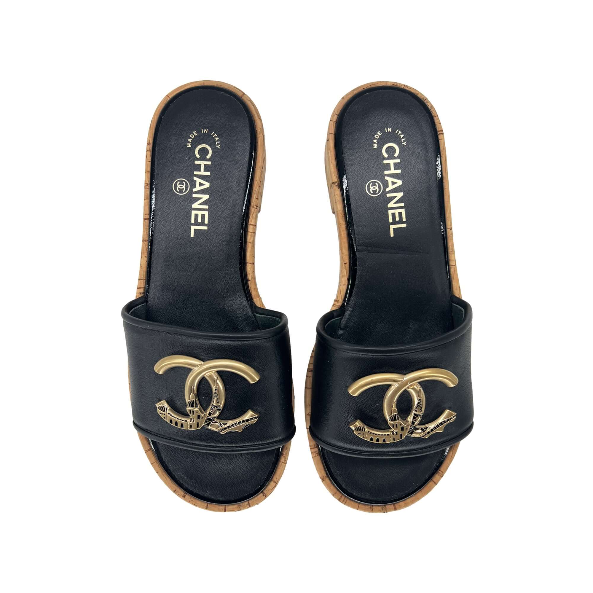Chanel gold logo mules sandals