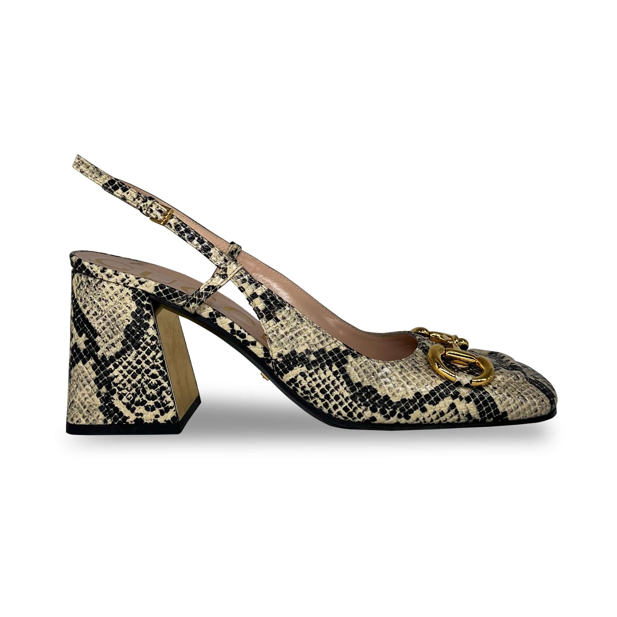 Gucci beige and black leather python print horsebit slingback pumps