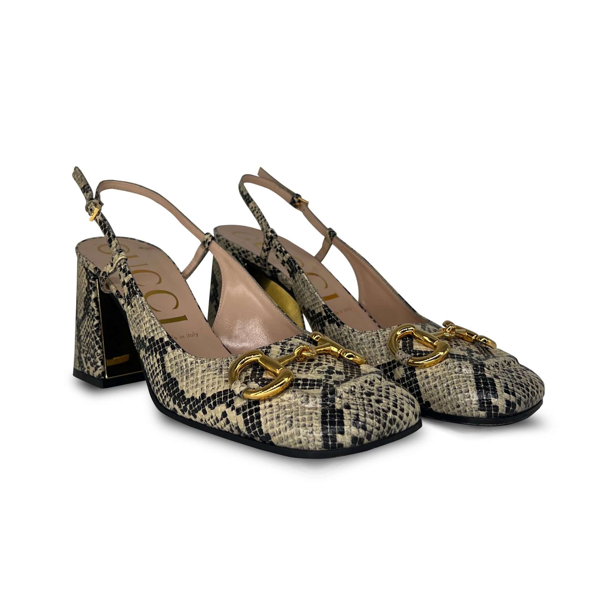 Gucci beige and black leather python print horsebit slingback pumps