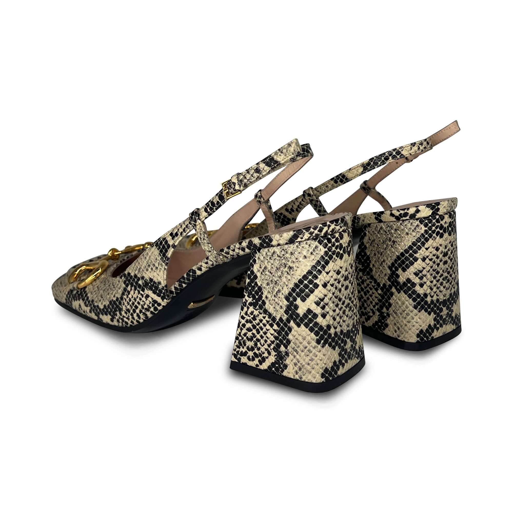 Gucci beige and black leather python print horsebit slingback pumps