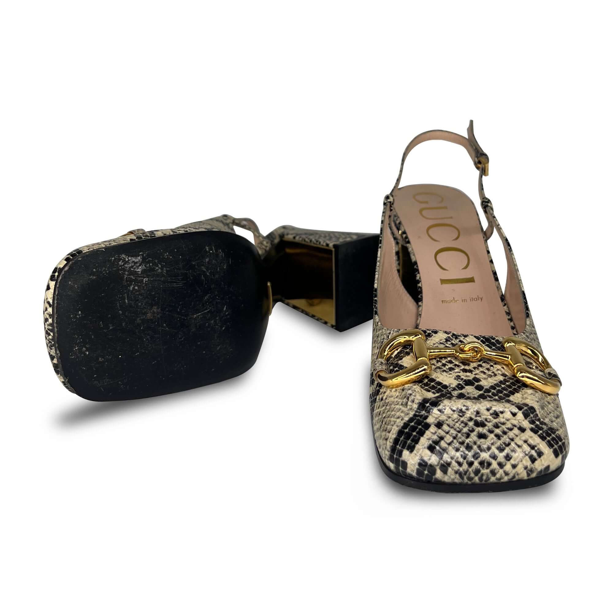 Gucci beige and black leather python print horsebit slingback pumps