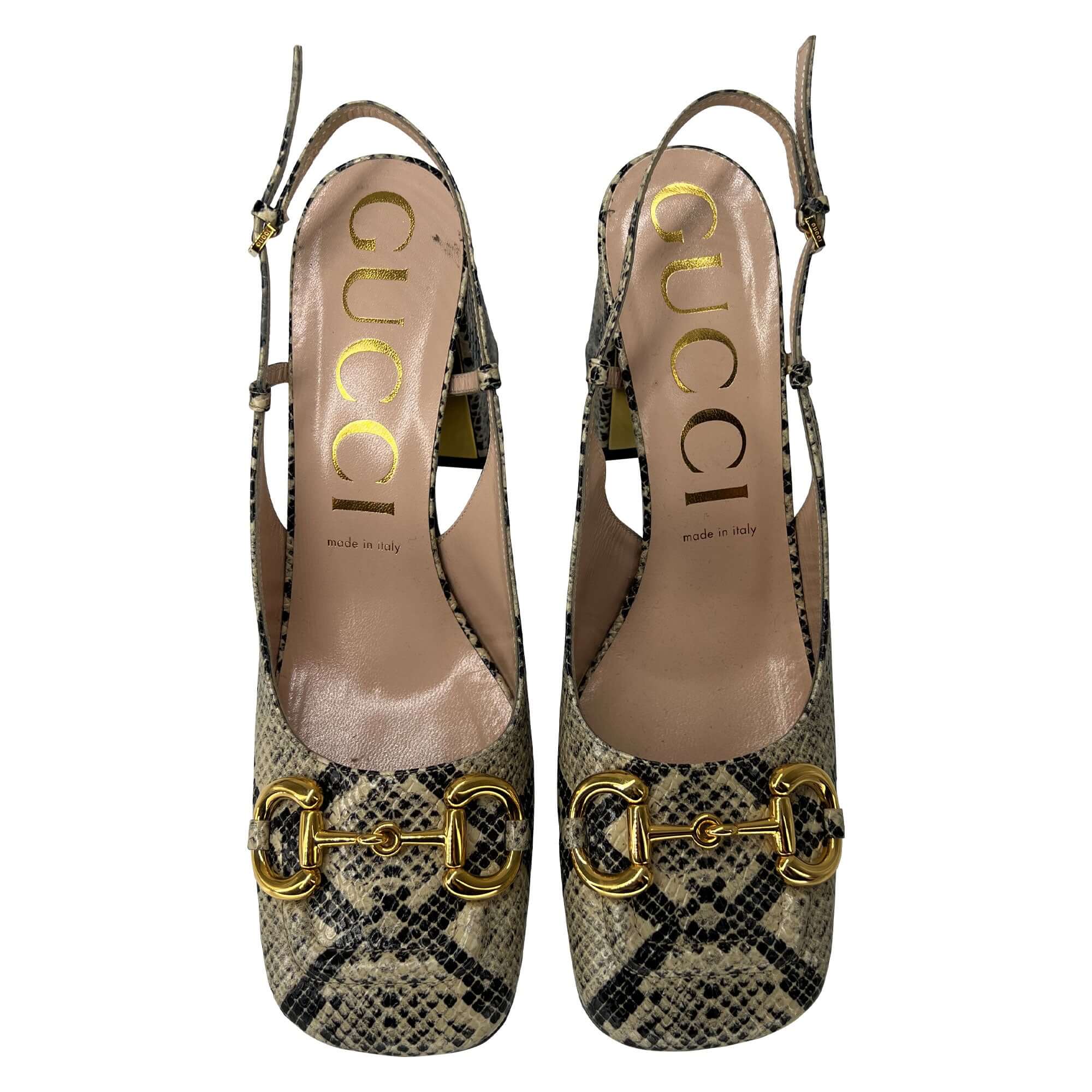 Gucci beige and black leather python print horsebit slingback pumps