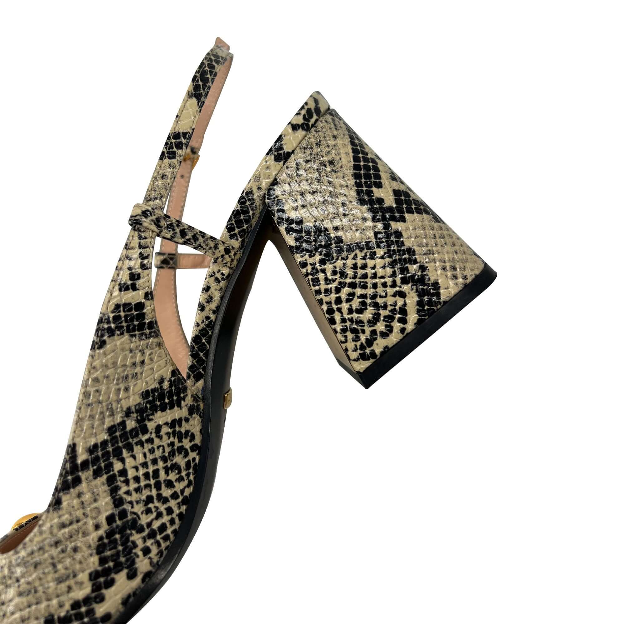 Gucci beige and black leather python print horsebit slingback pumps