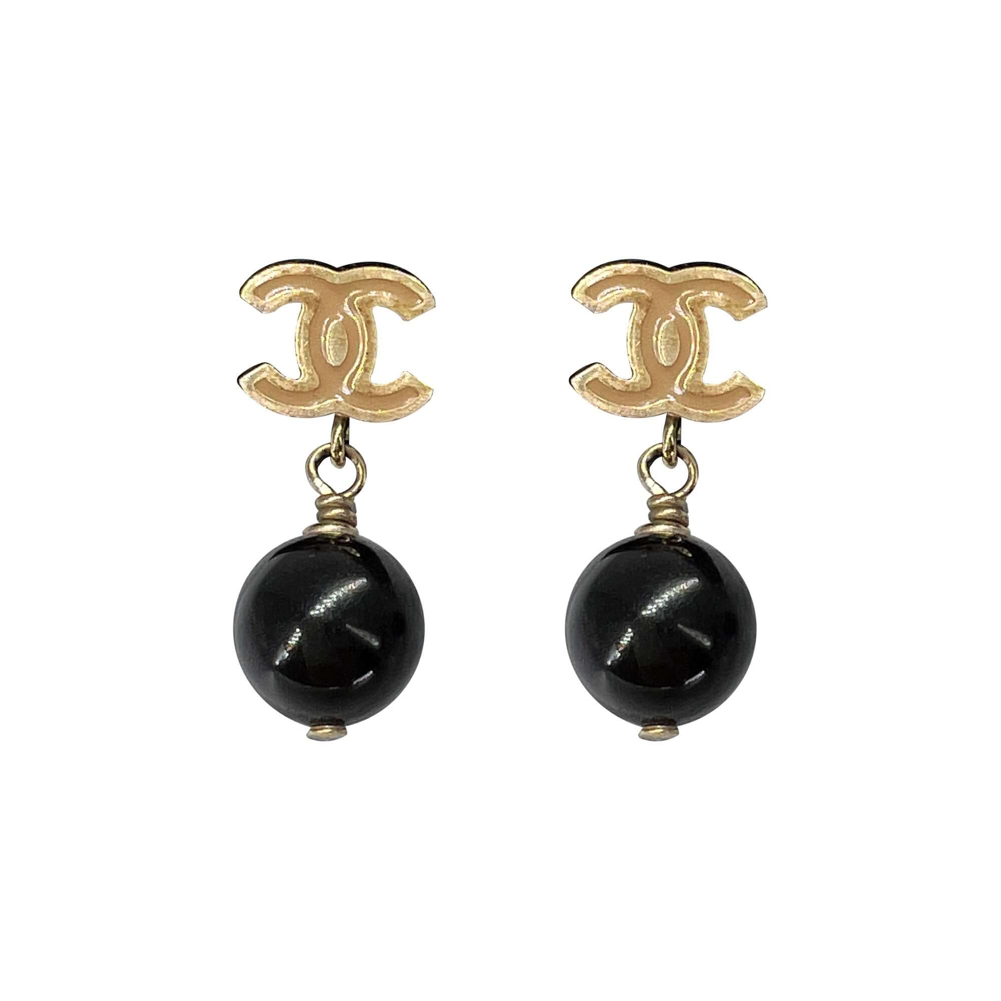 Chanel CC logo black bead drop earrings