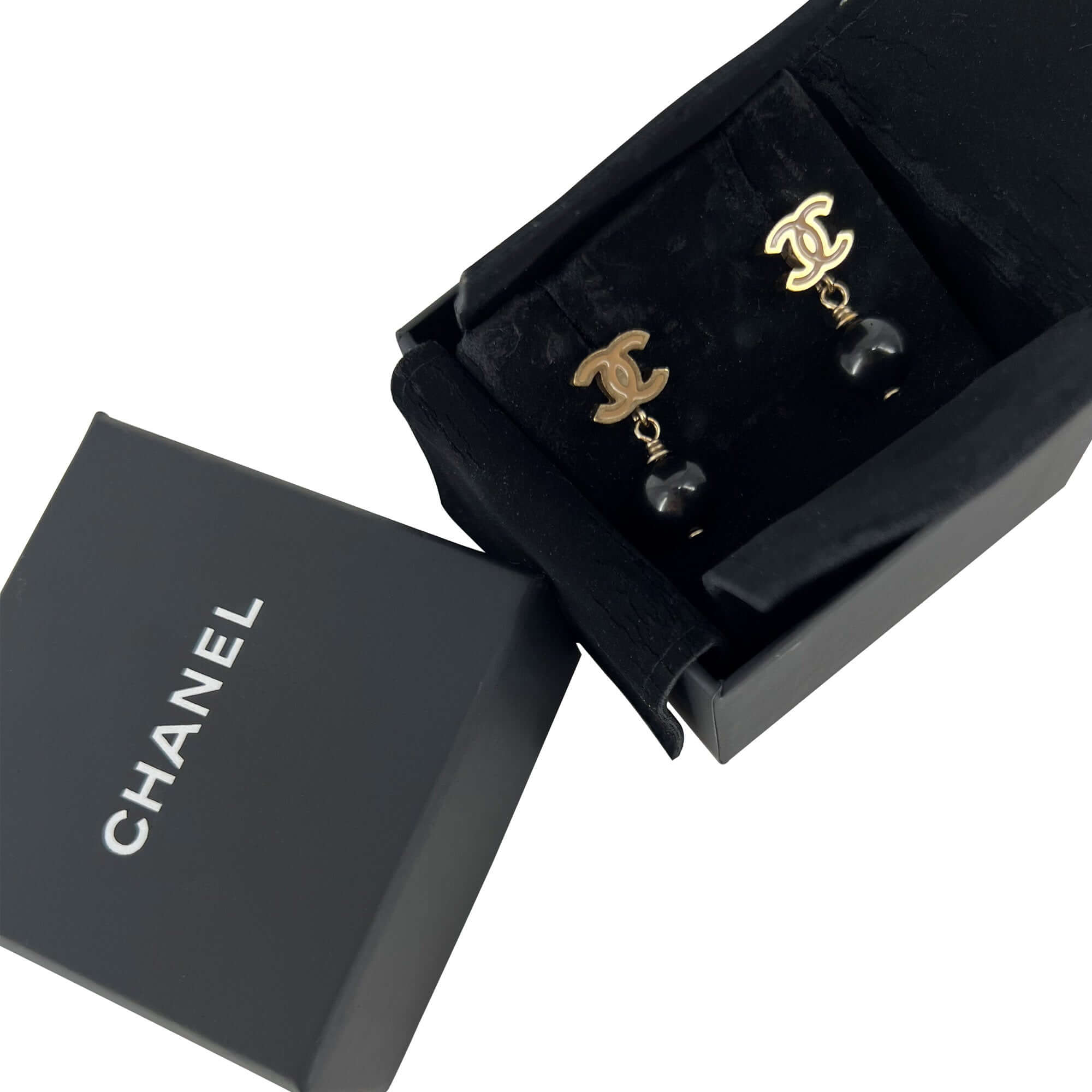 Chanel CC logo black bead drop earrings