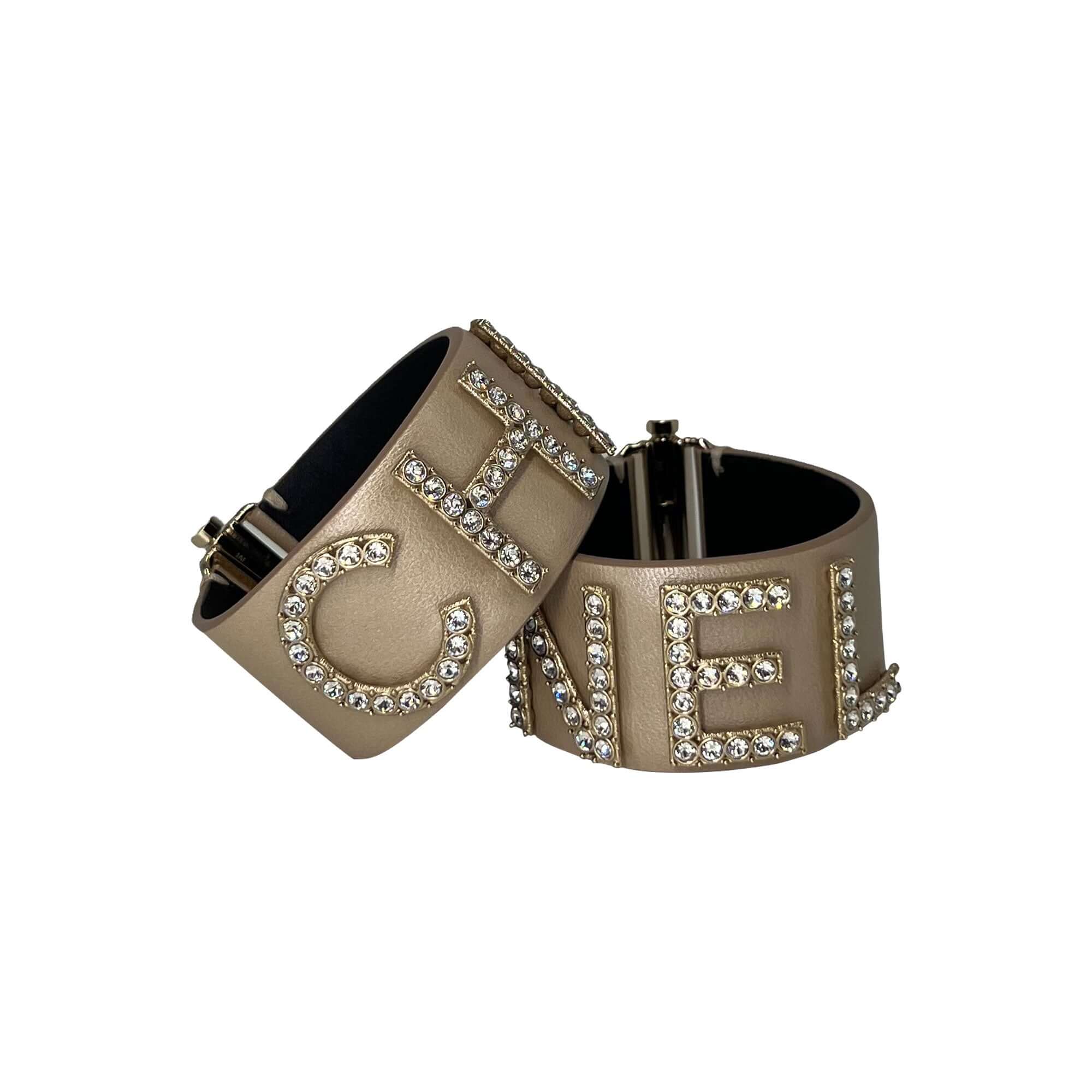 Chanel double leather/crystal braeclets