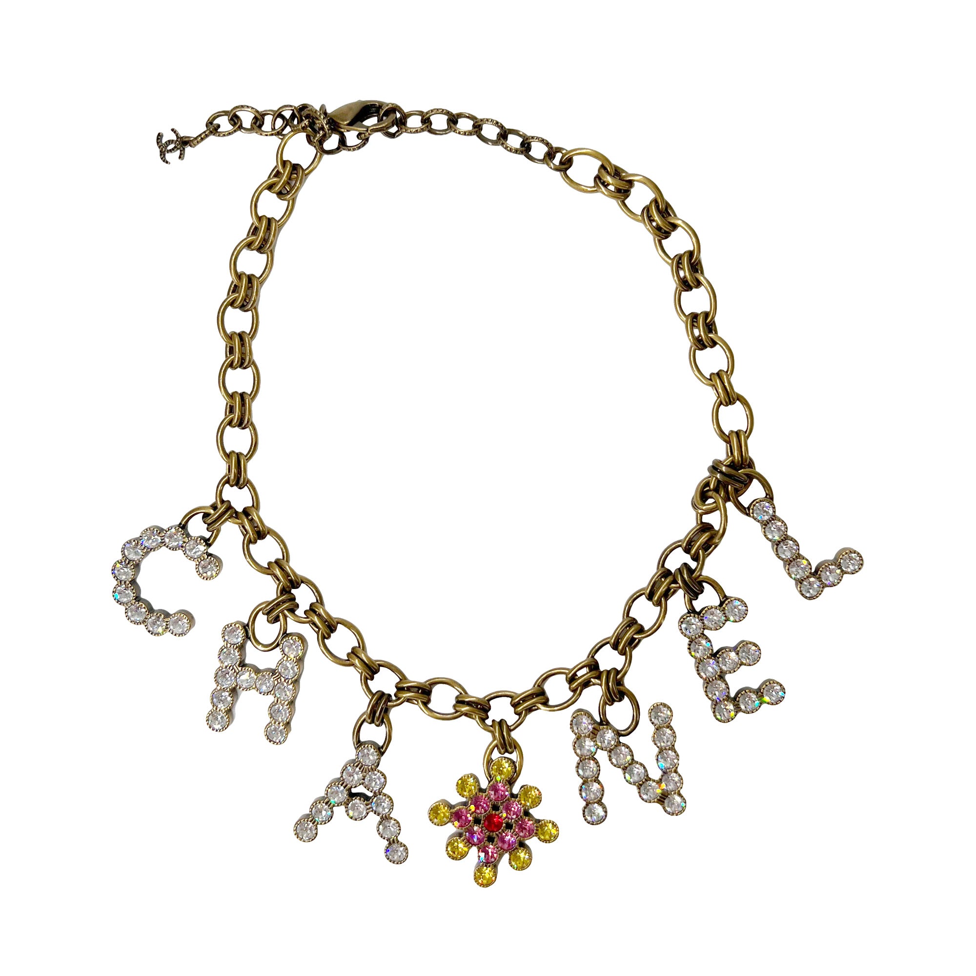 Chanel crystal name plate logo necklace multicolour