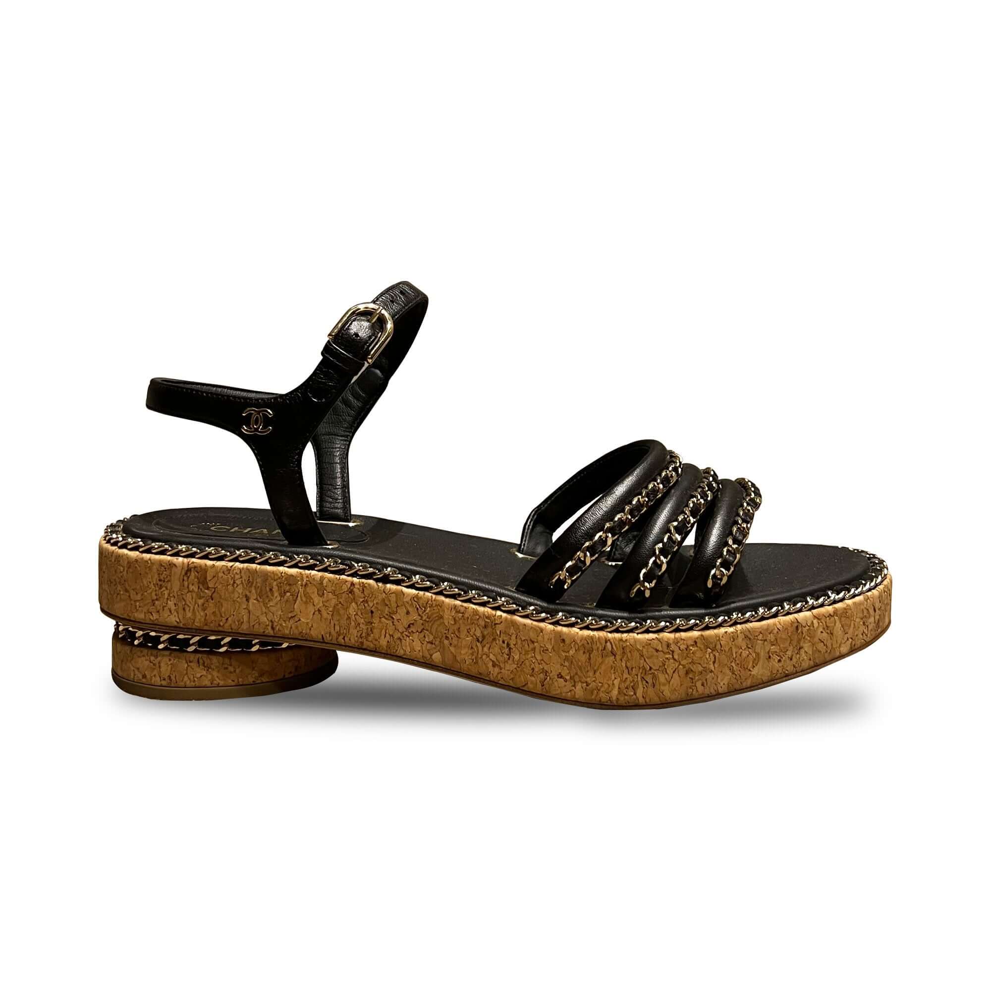 Chanel black chain leather sandals