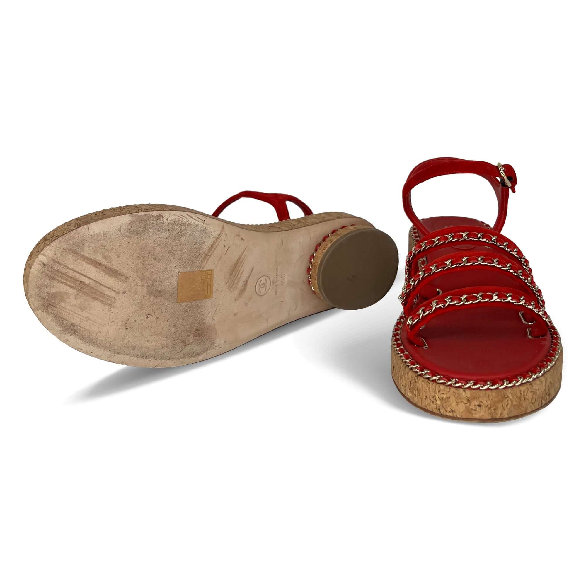 Chanel red gold stitch cork sandals