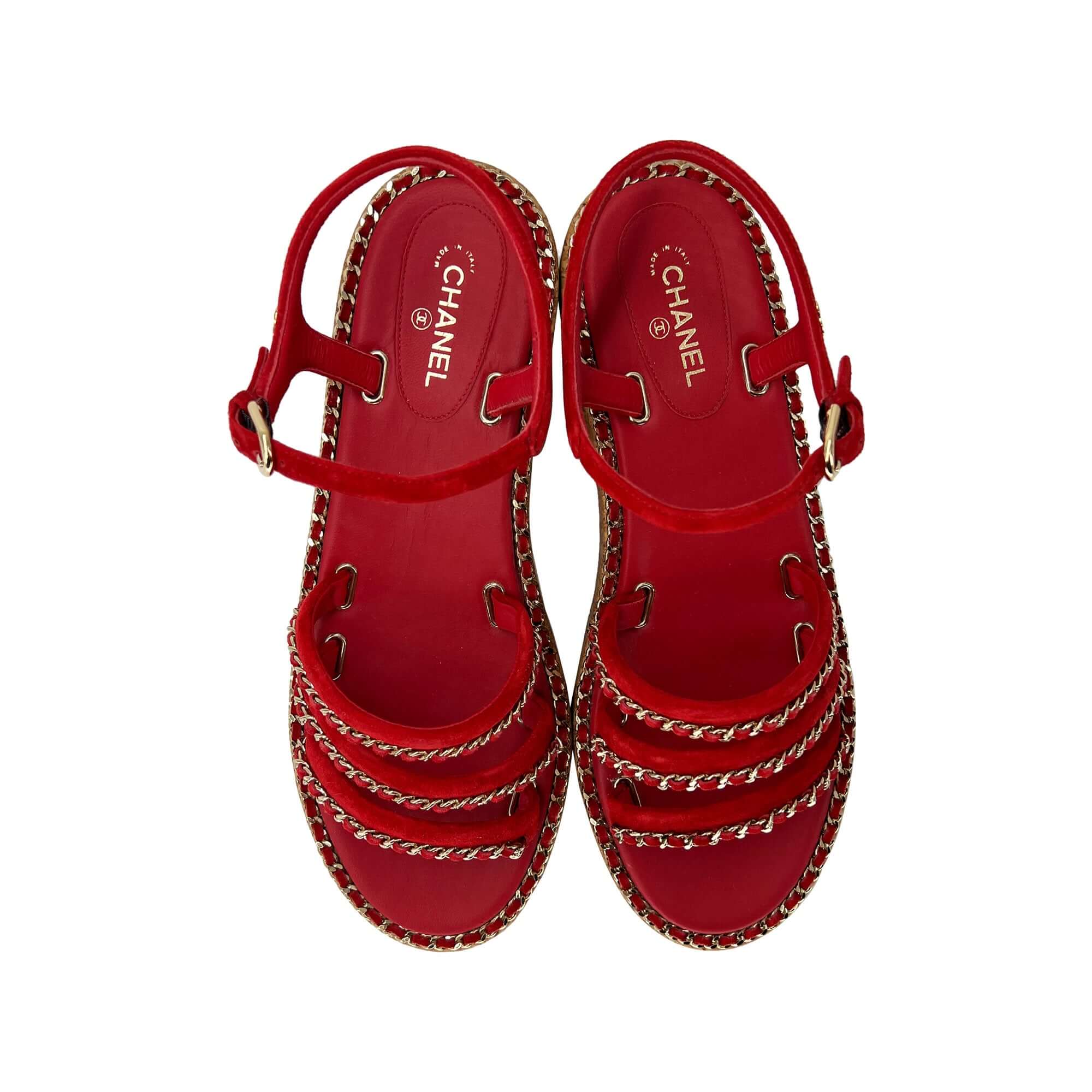 Chanel red gold stitch cork sandals