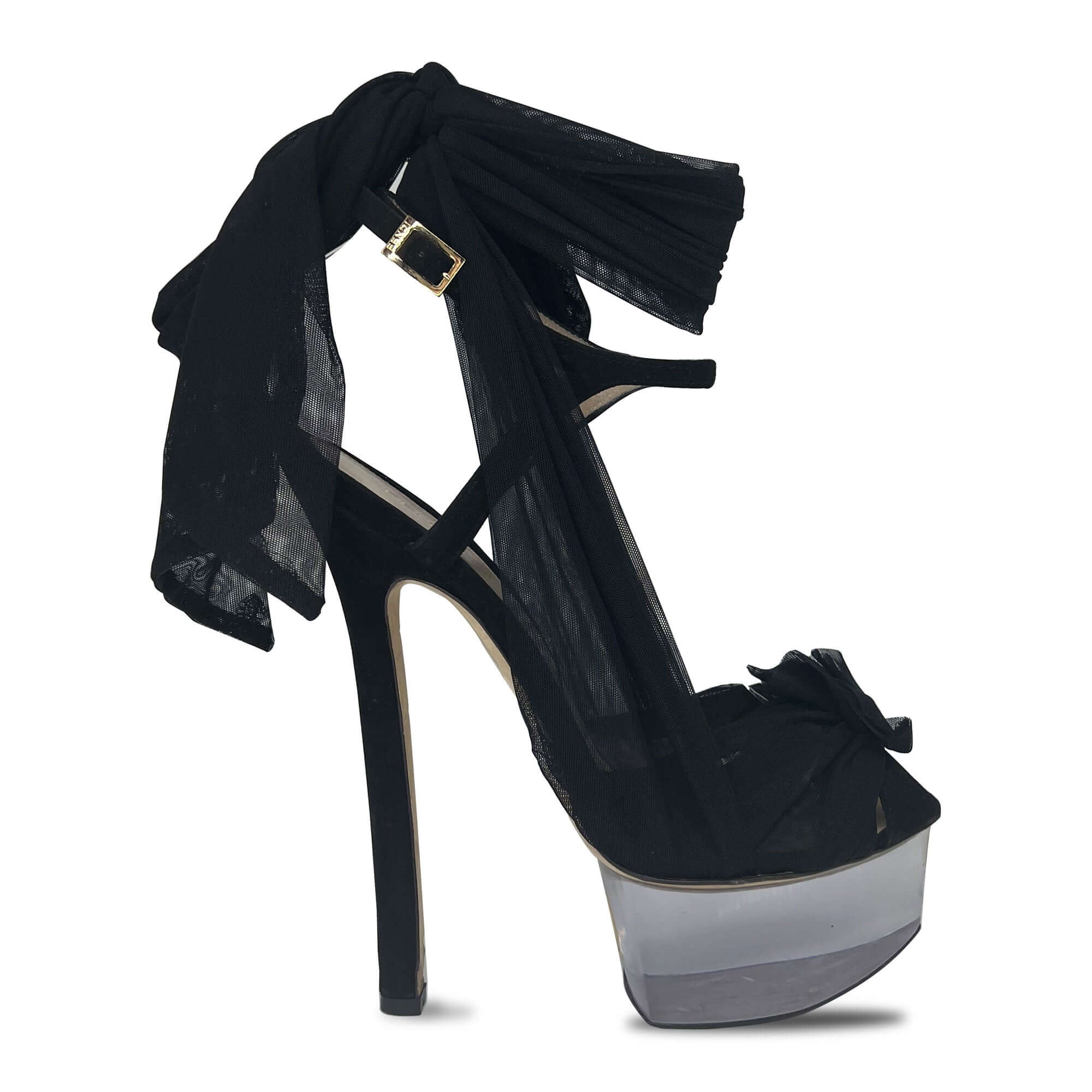 Fendi black lace-up glass sole sandal heels