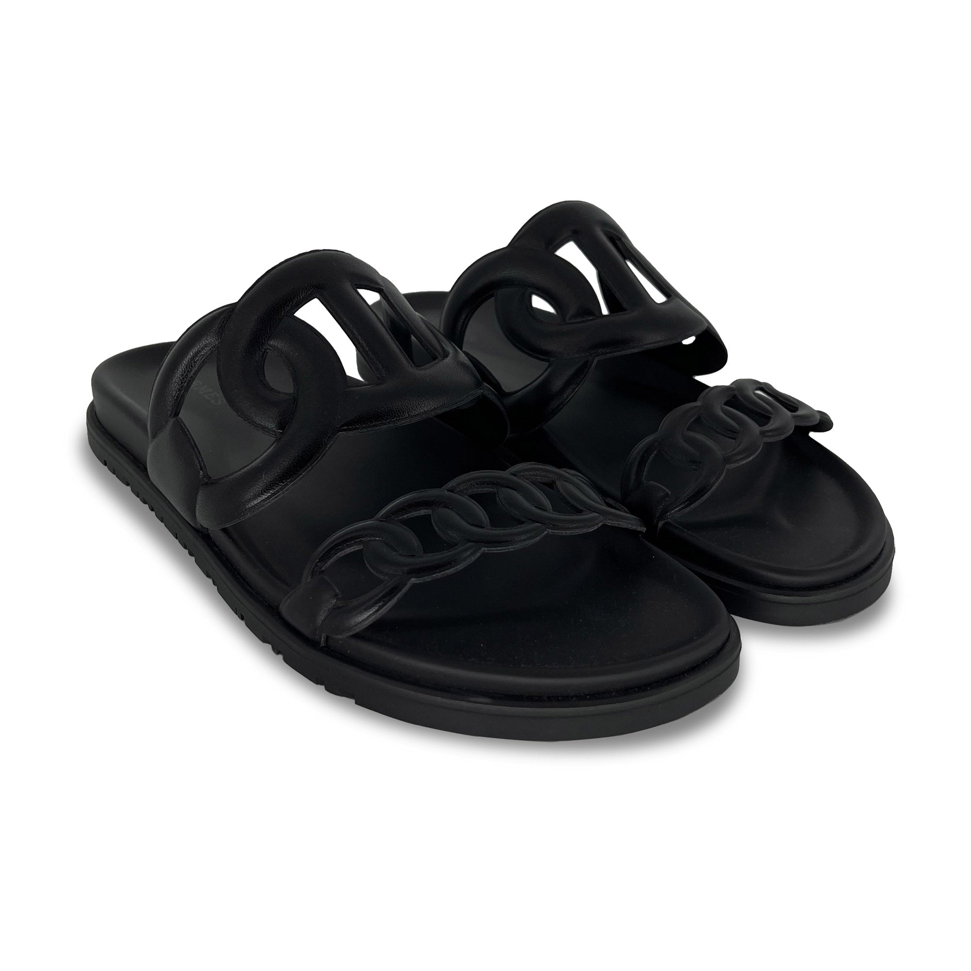 Hermes Extra Black Designer Leather Sandals angle