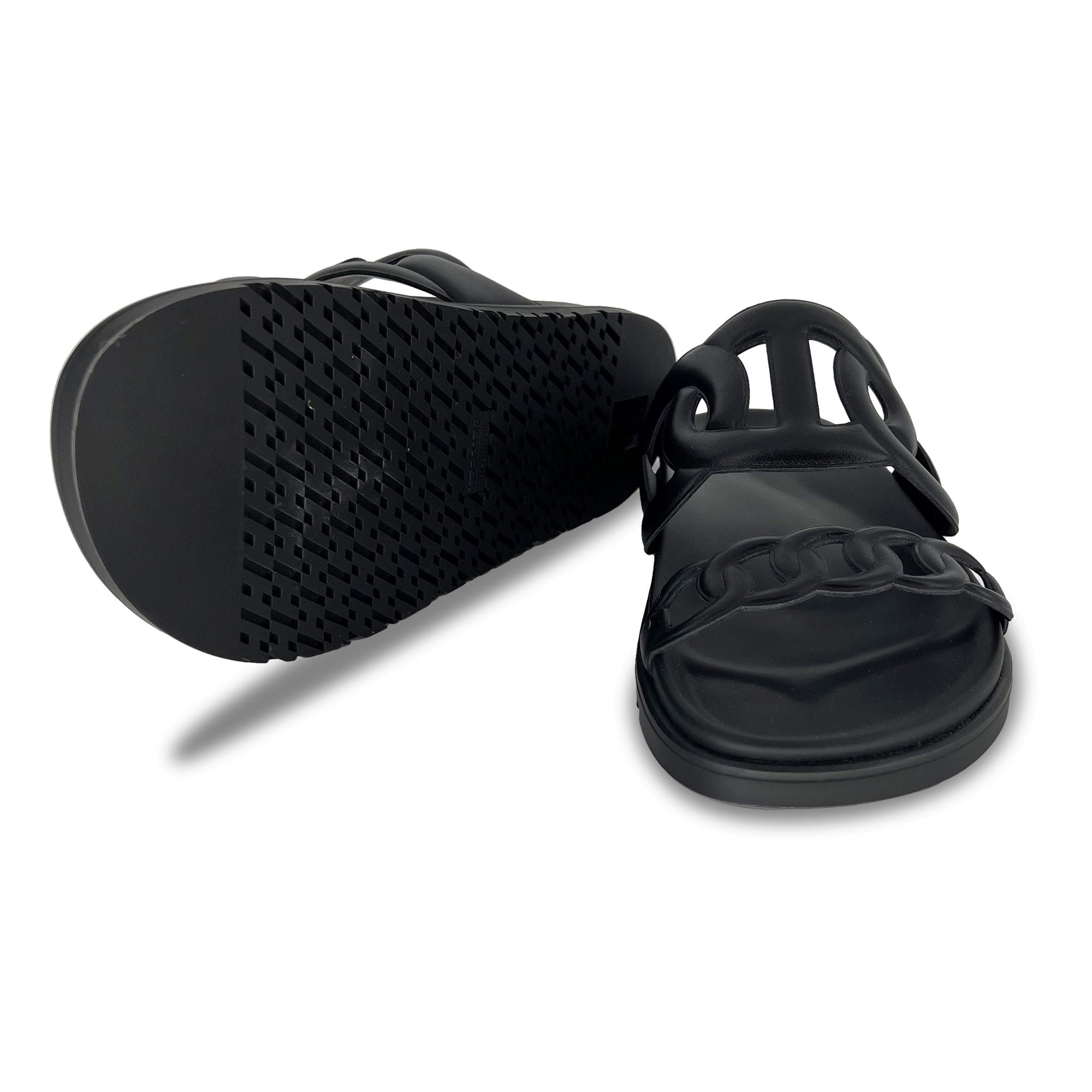 Hermes Extra Black Designer Leather Sandals with sole