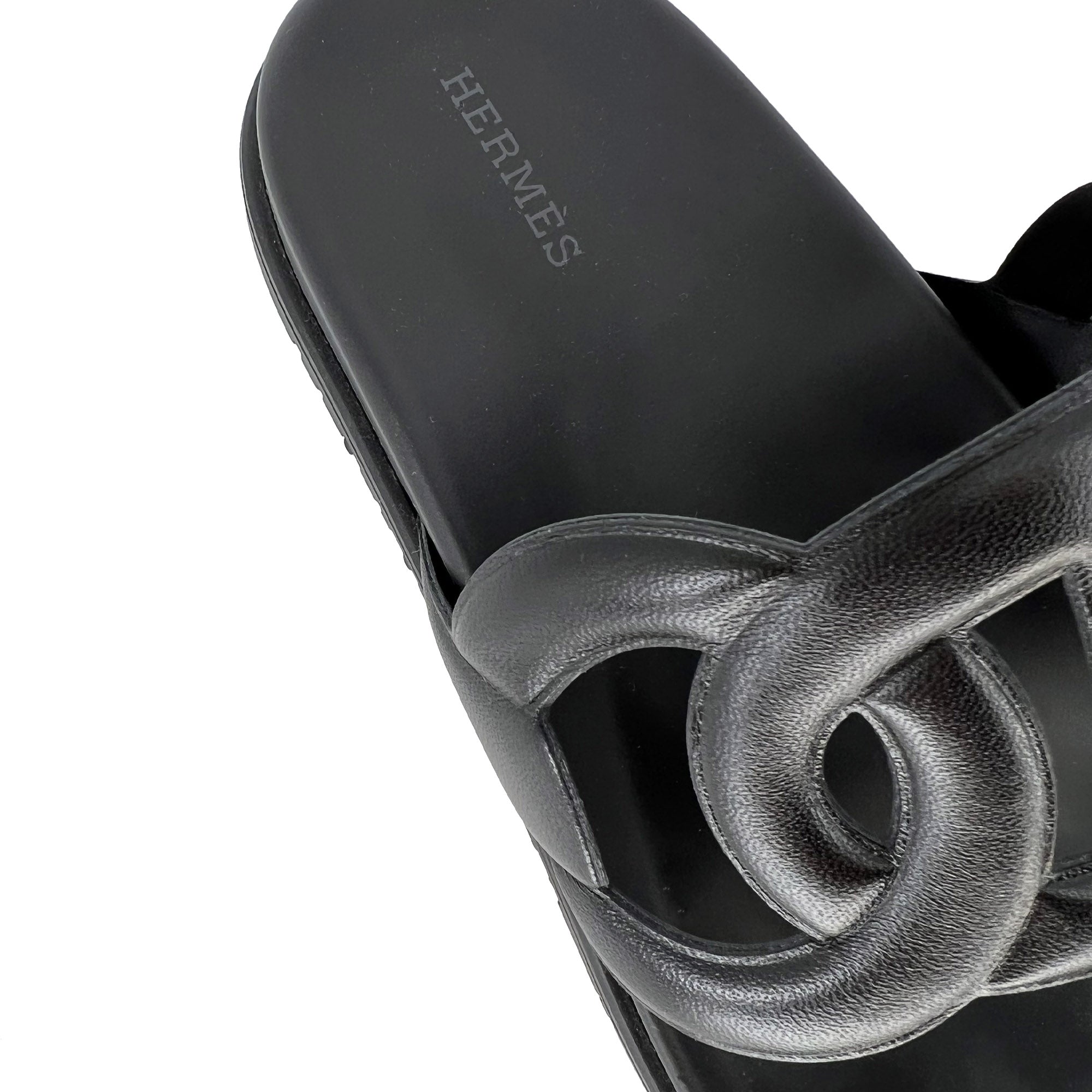 Hermes Extra Black Designer Leather Sandals back detail