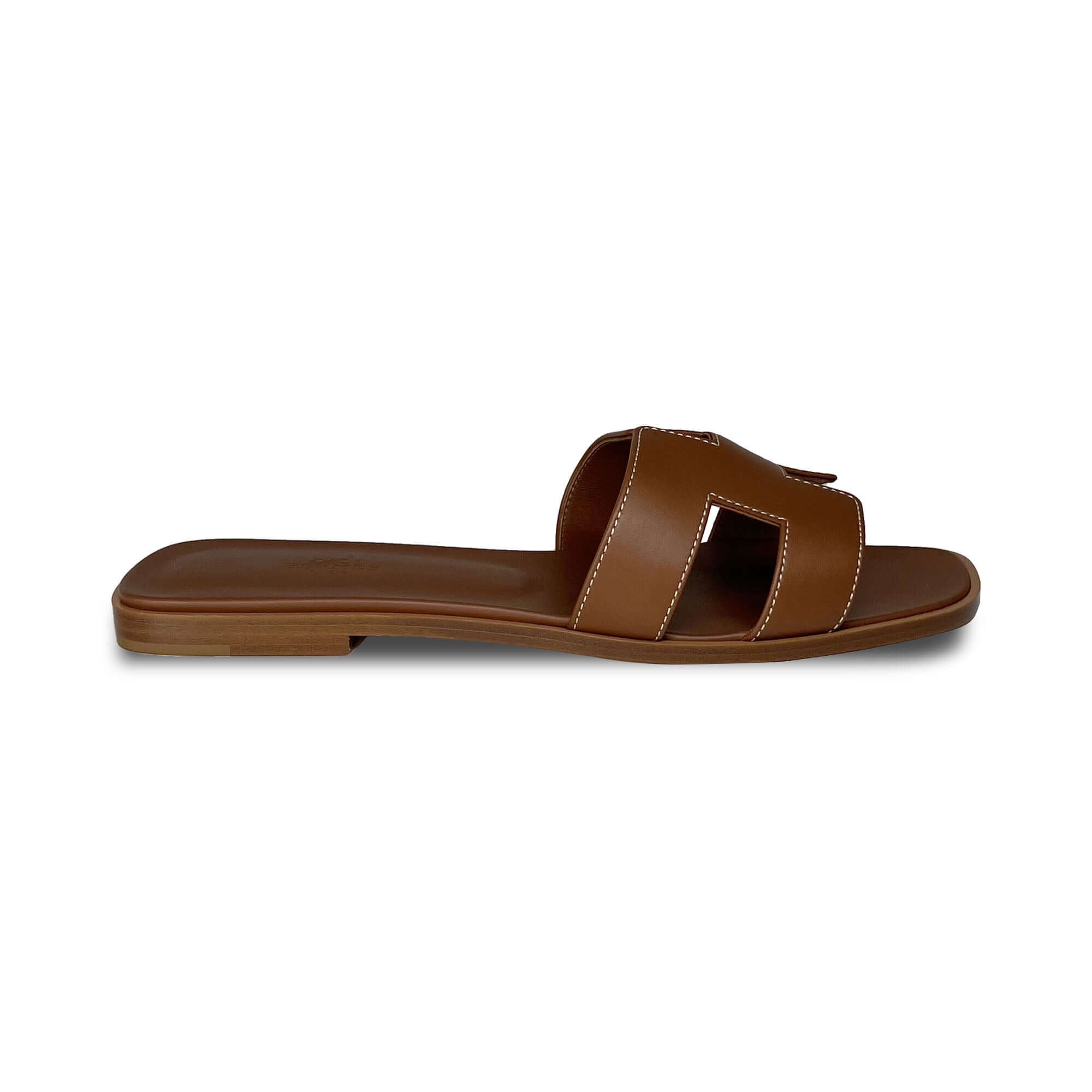 Hermes Oran Designer Leather Slippers in Brown side